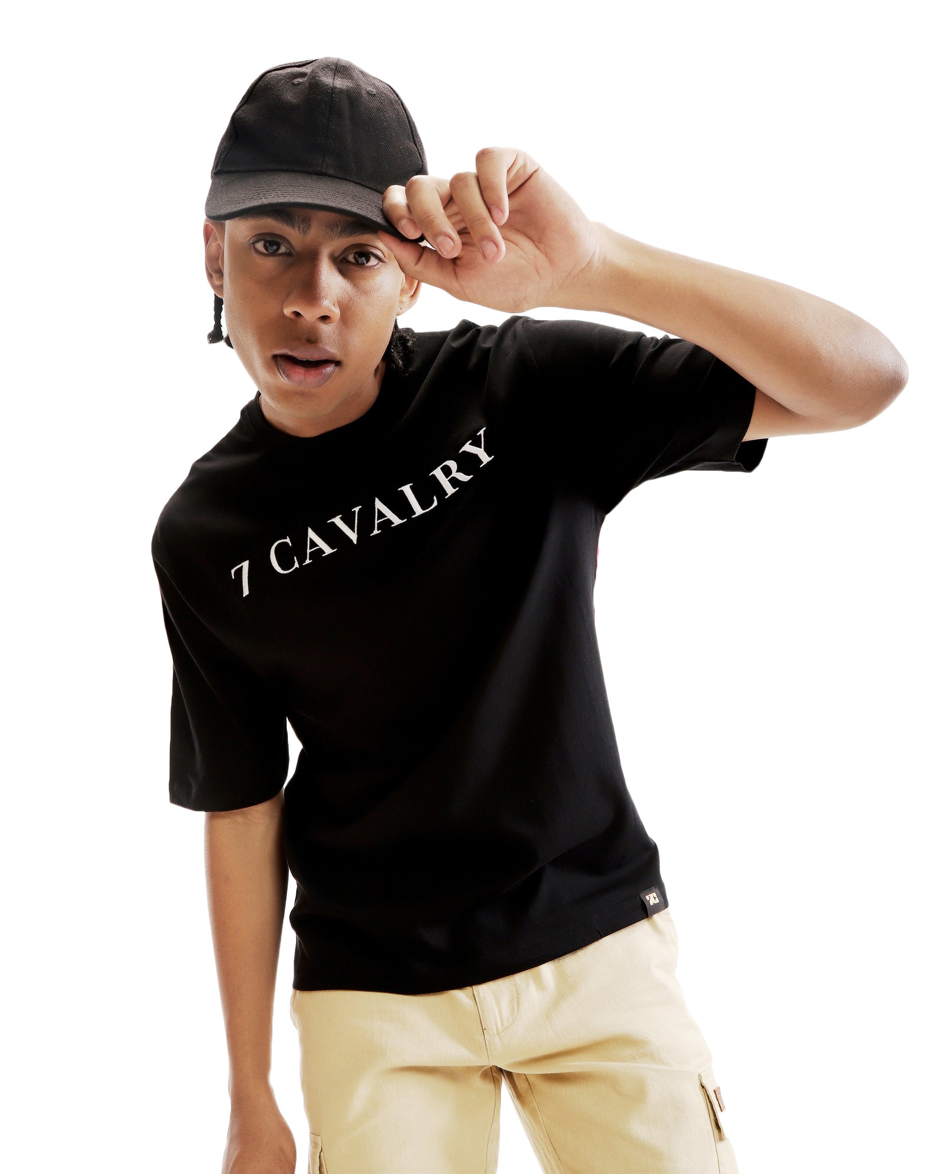 Charcoal Black Single Jersey Crew Neck Oversized T-Shirt with Pure White Embroidery