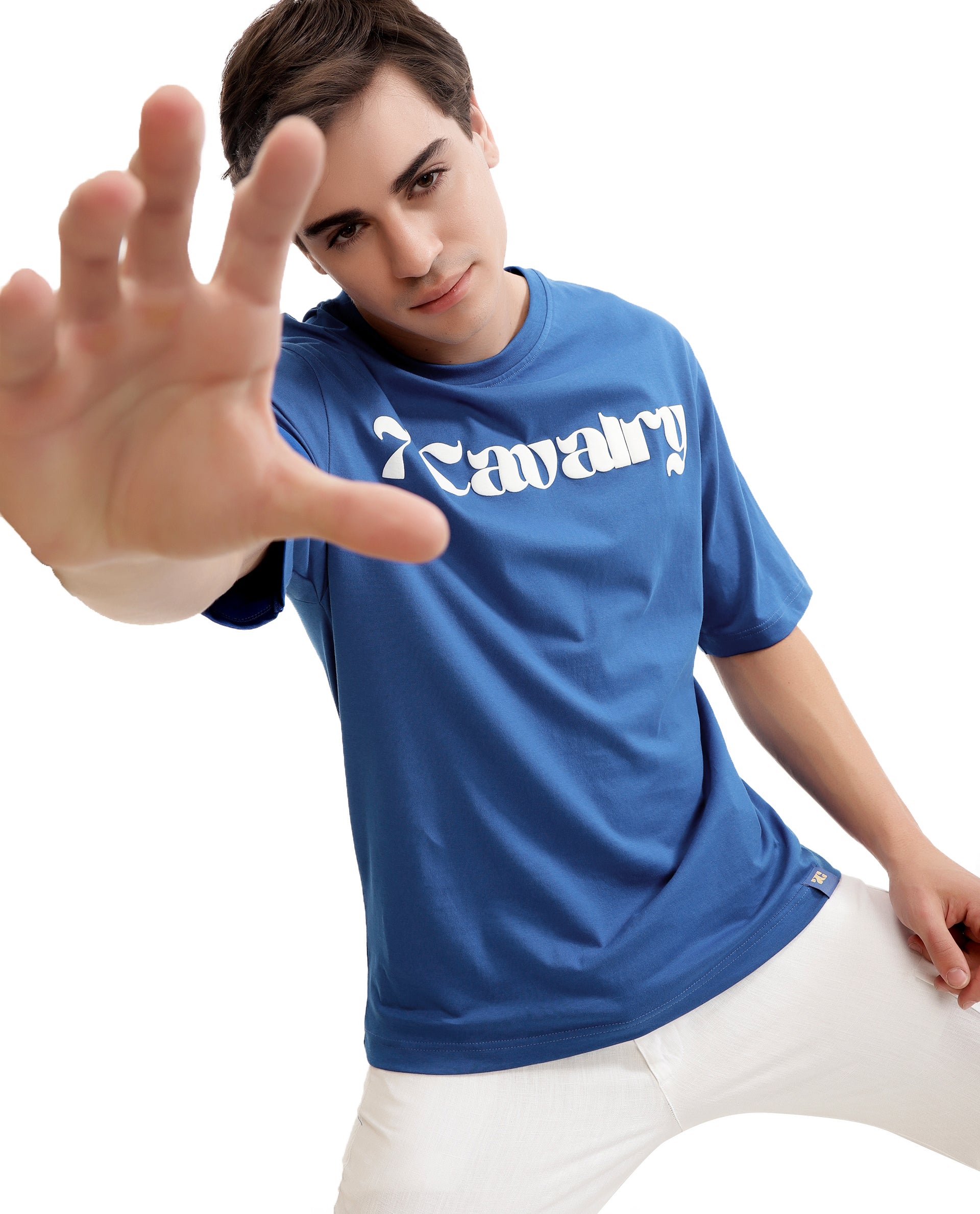 Imperial Prussian Blue Single Jersey Crew Neck Oversized T-Shirt with Pure White Puff Print