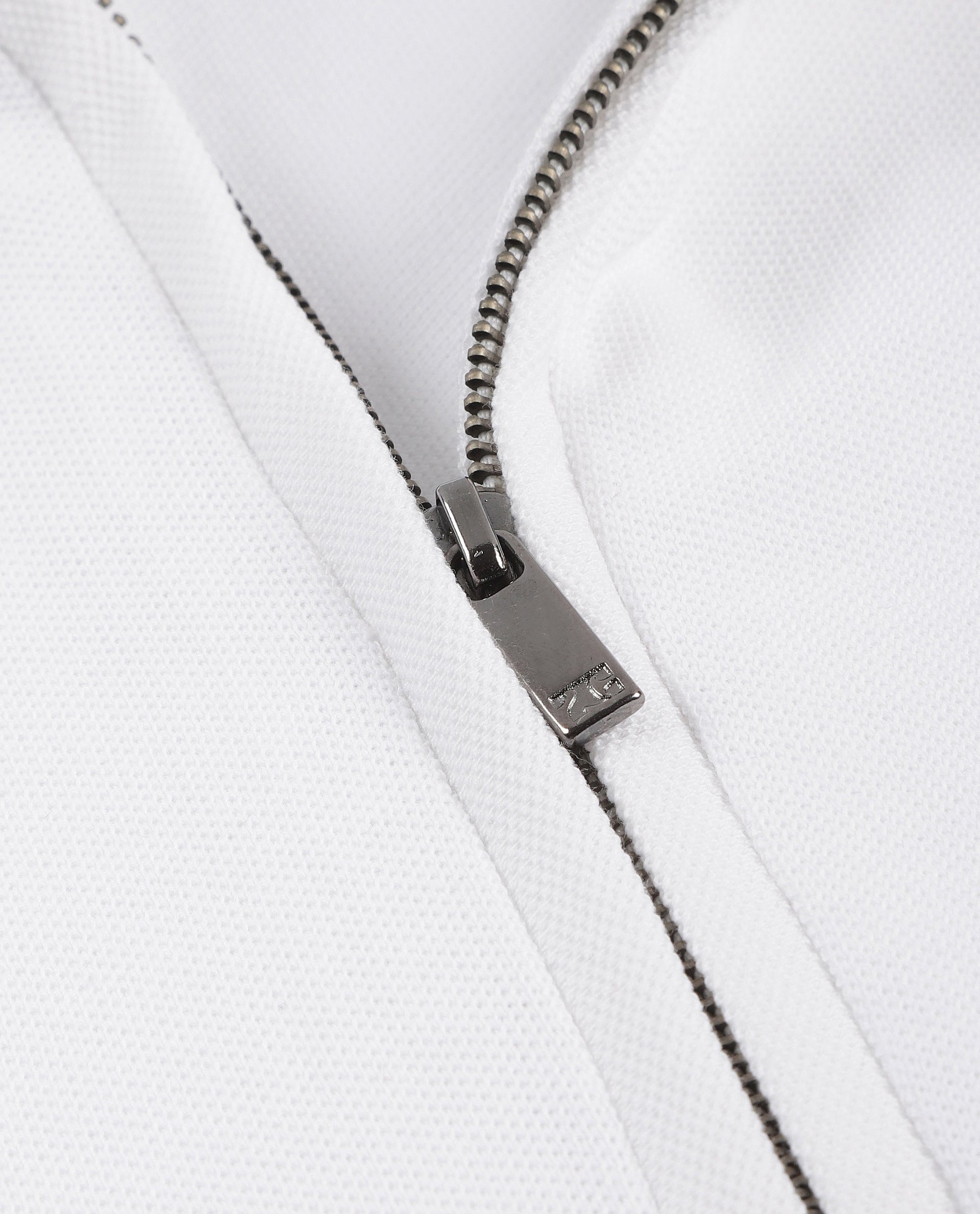 Pure White Pique Polo with 7C Metal Zip, Metal Badge
