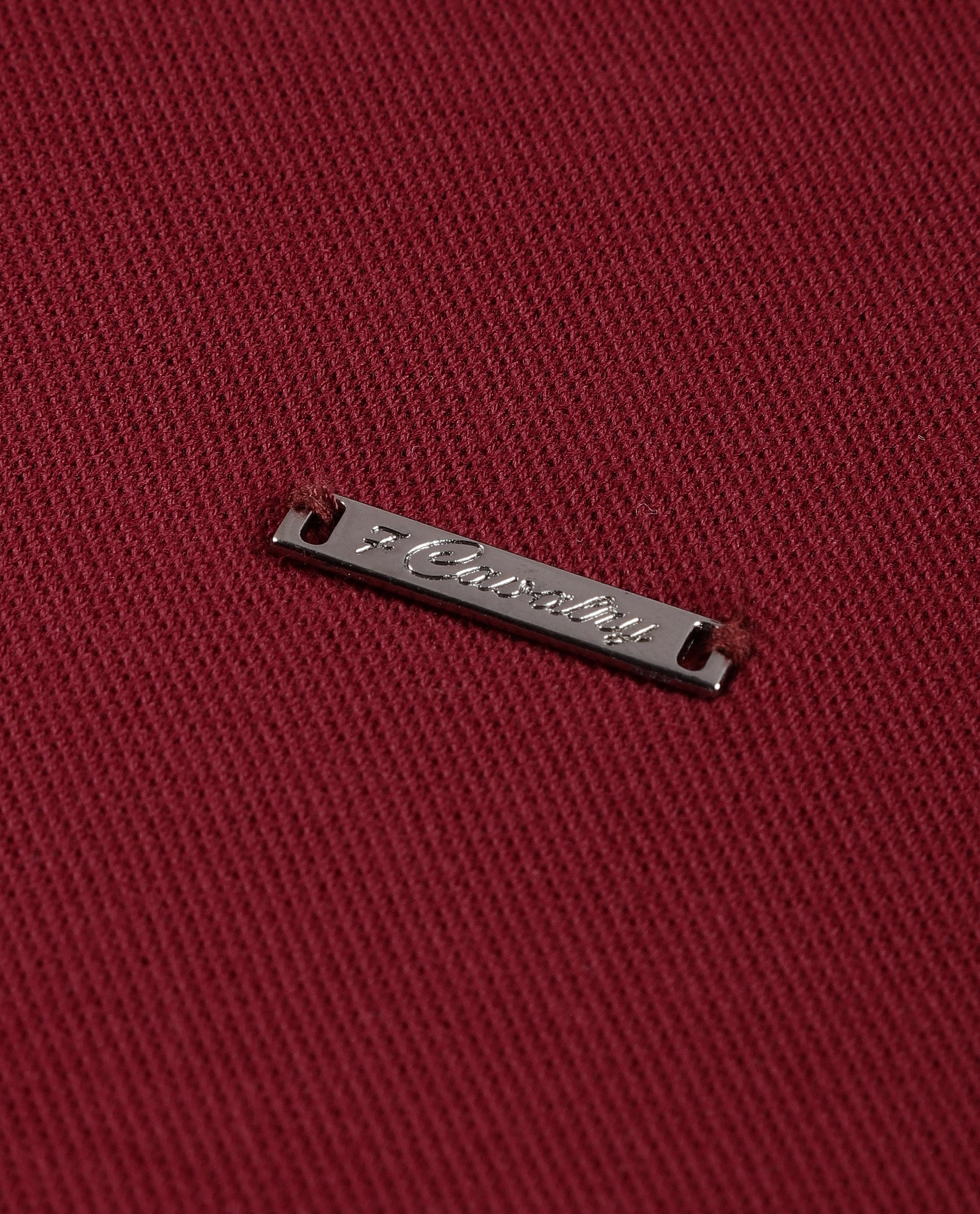 Bordeaux Maroon Pique Polo with 7C Metal Zip, Metal Badge