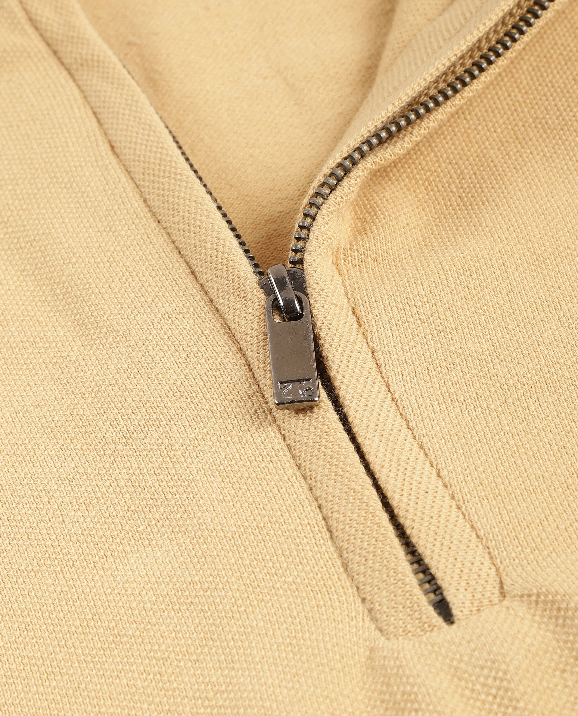 Camel Beige Pique Polo with 7C Metal Zip, Metal Badge