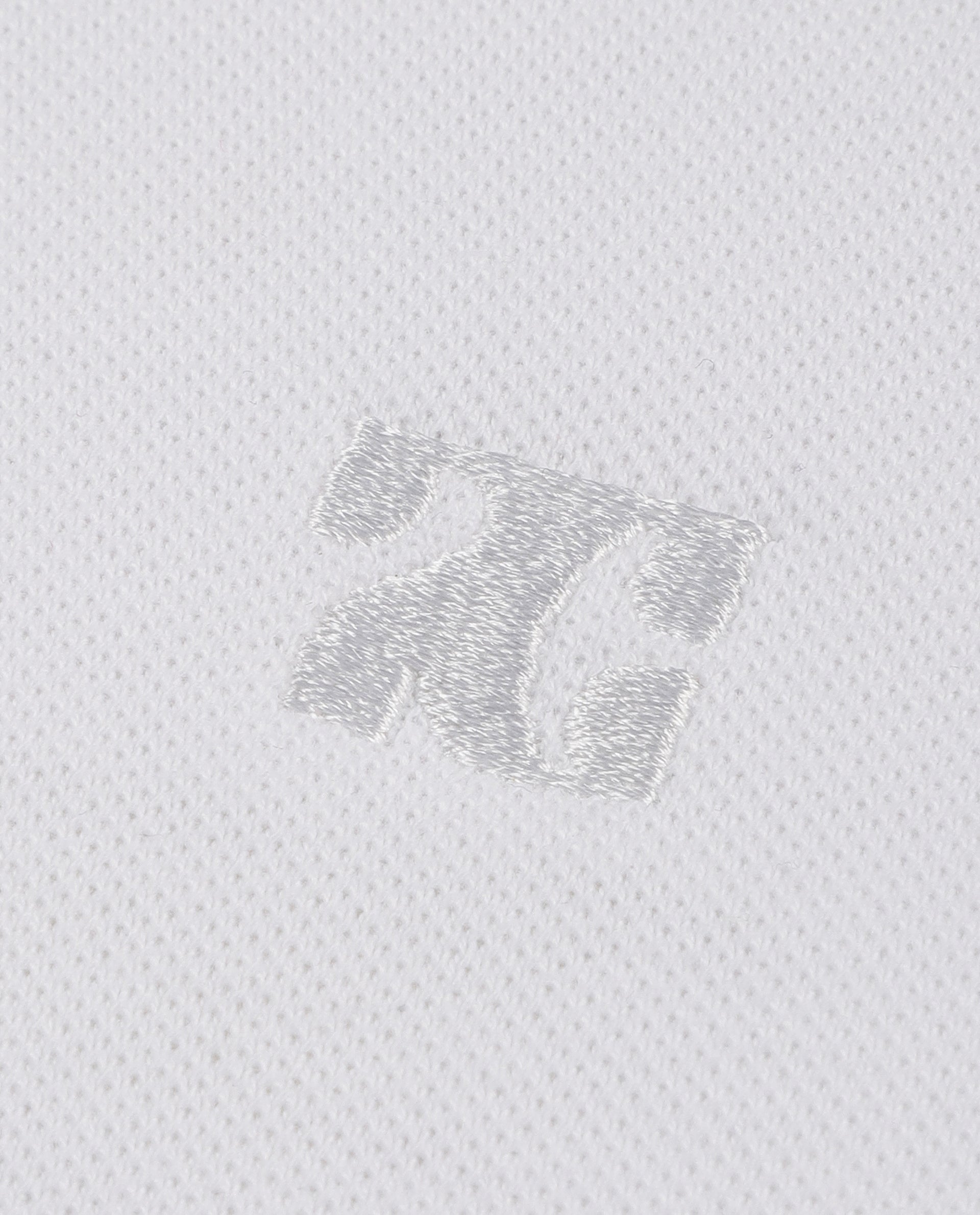 Pure White Pique Polo with Midnight Navy Blue Collar Piping, Tone-on-Tone 7C Embroidery