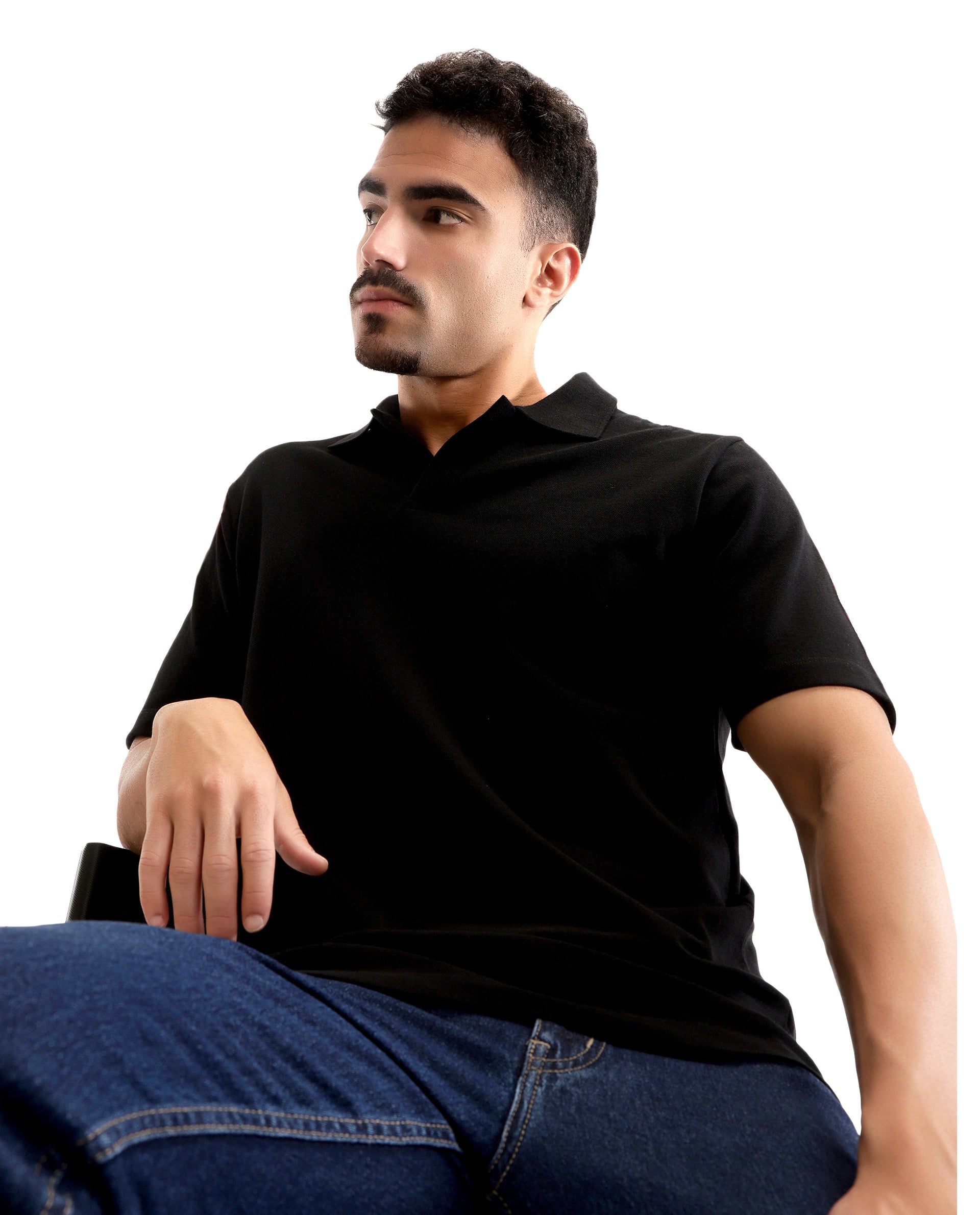 Charcoal Black Pique Johnny Collar Polo