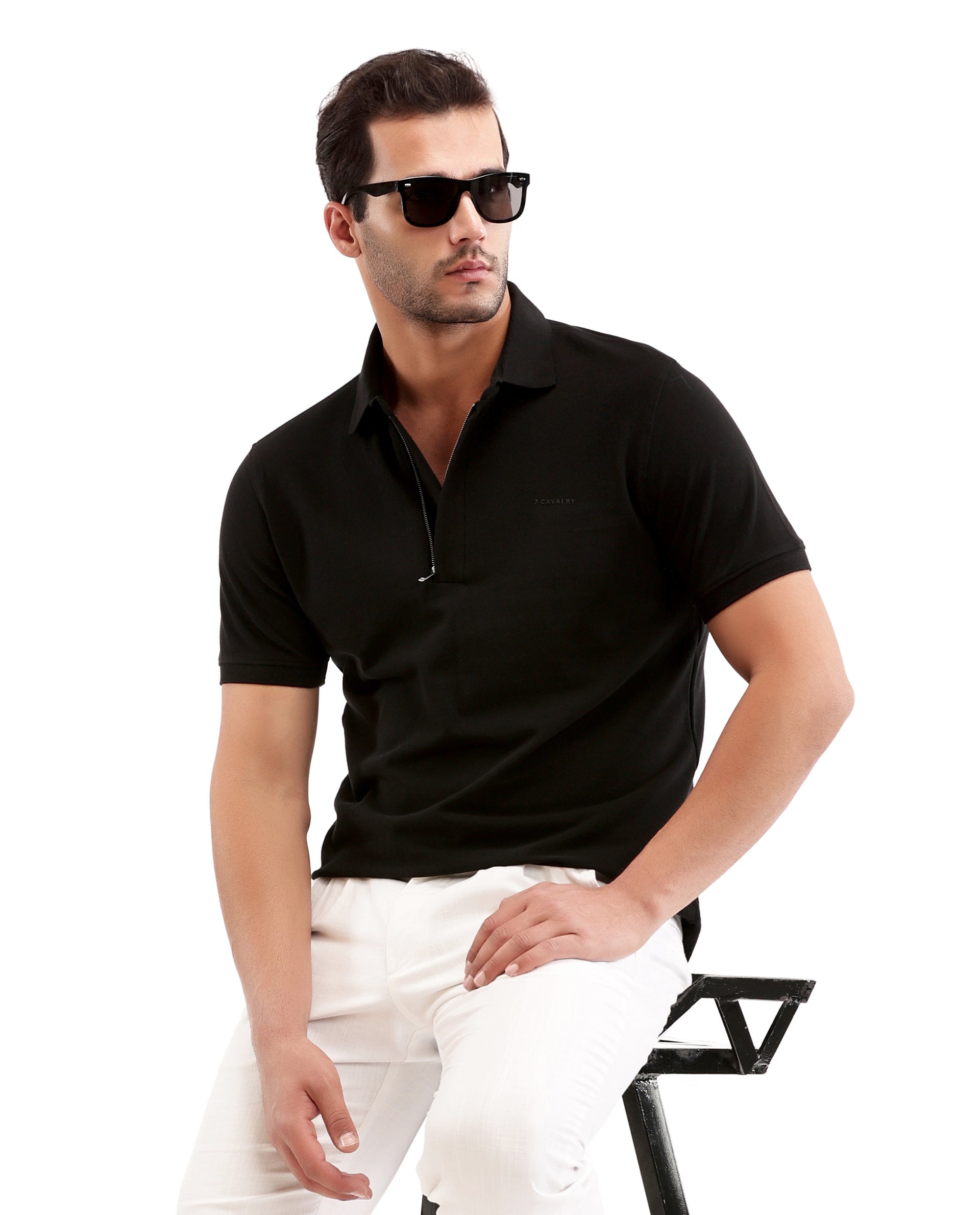 Charcoal Black Solid Polo with Concealed 7C Metal Zip, HD Print