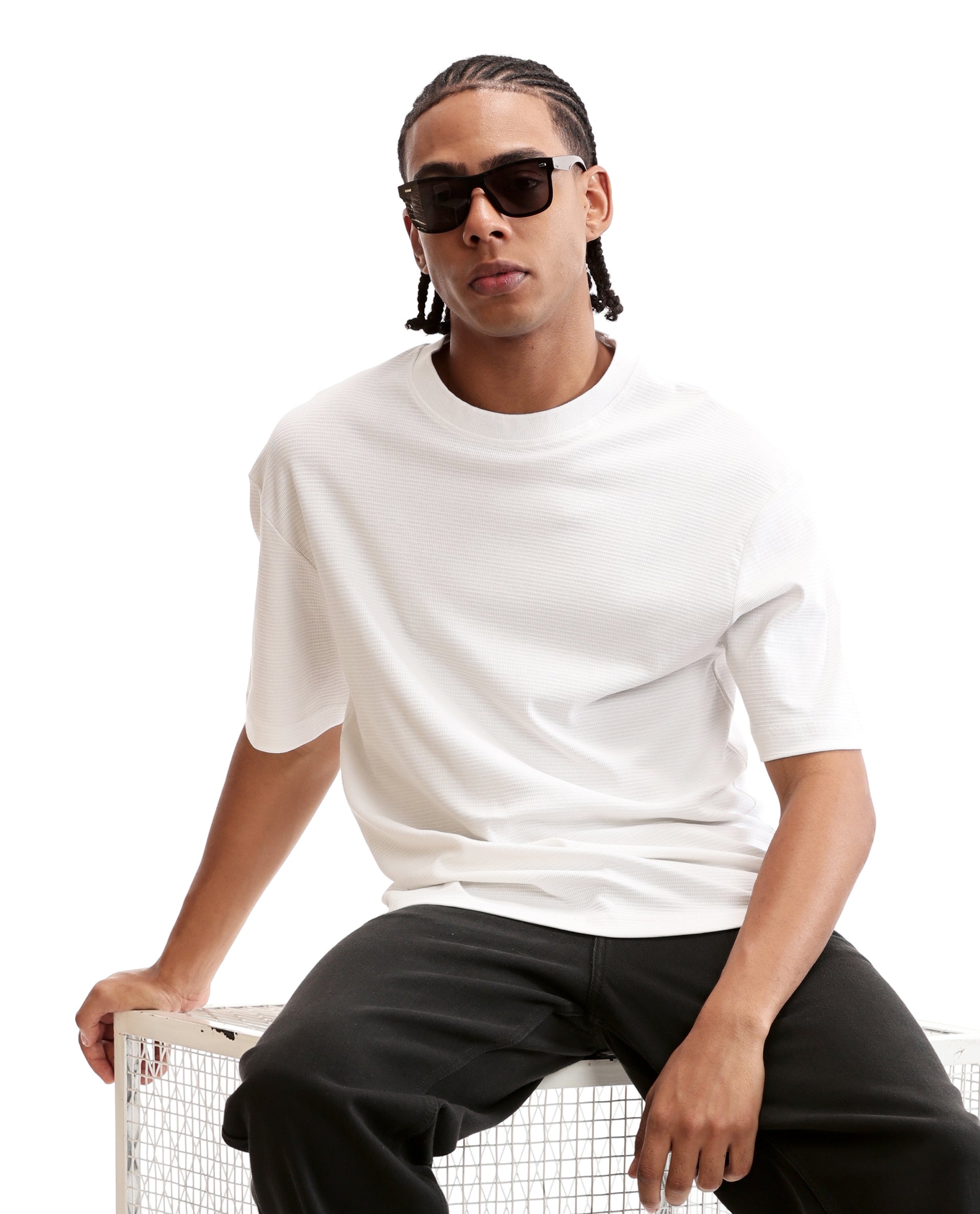 Pure White Knitted Waffle Crew Neck Oversized T-Shirt