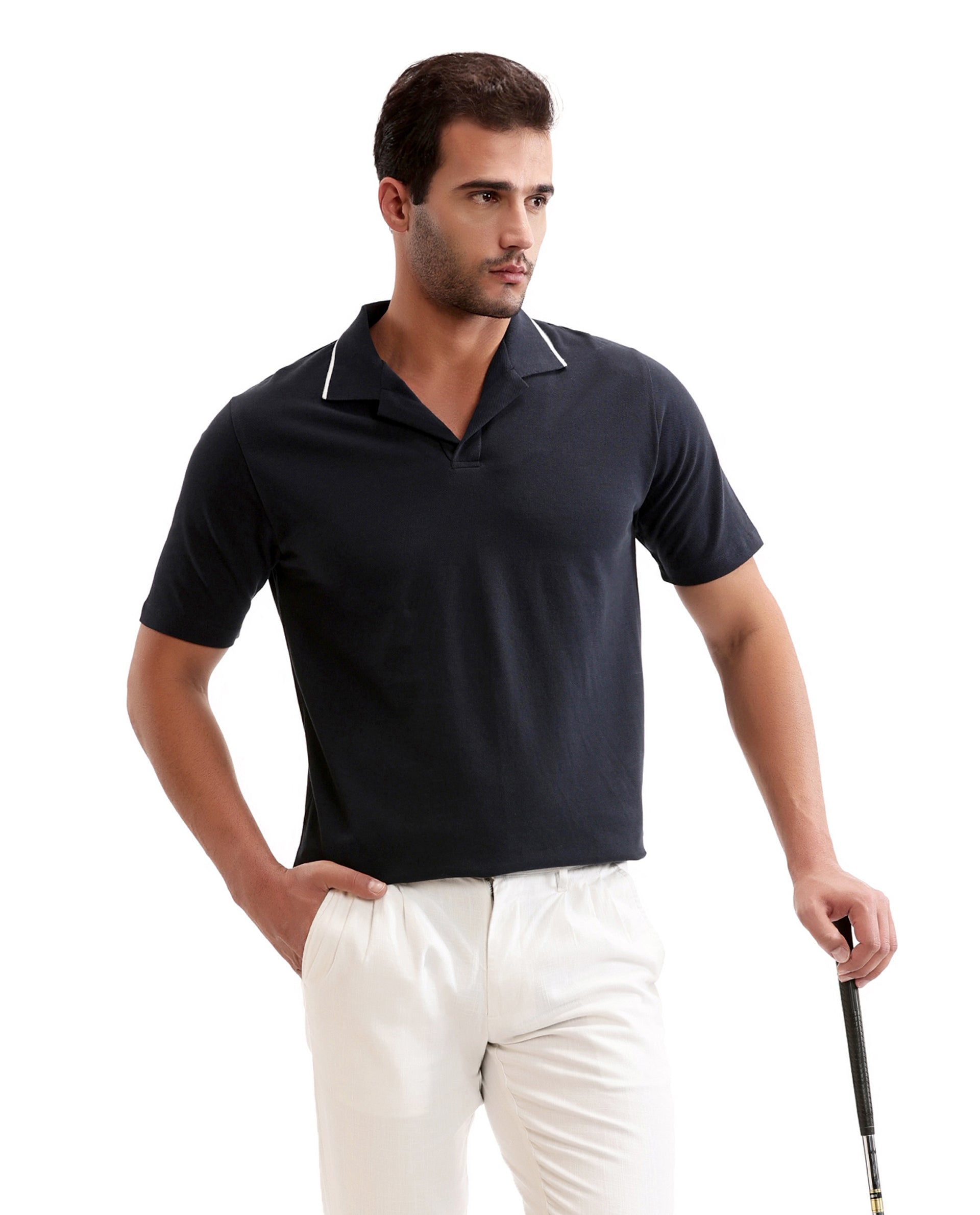 Midnight Navy Blue Johnny Collar Pique Polo with White Collar Piping