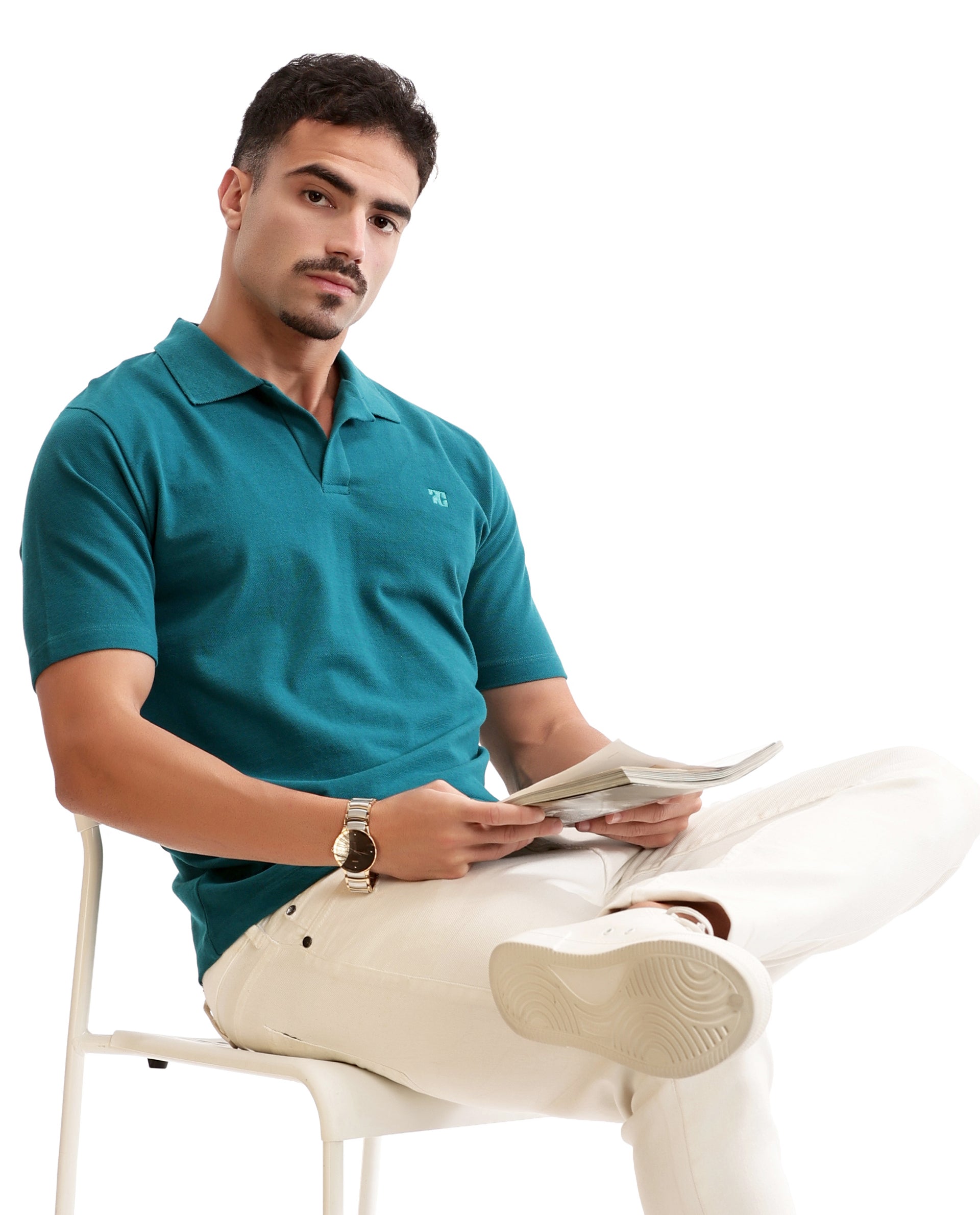 Ocean Teal Johnny Collar Pique Polo with Tone-on-Tone 7C Embroidery