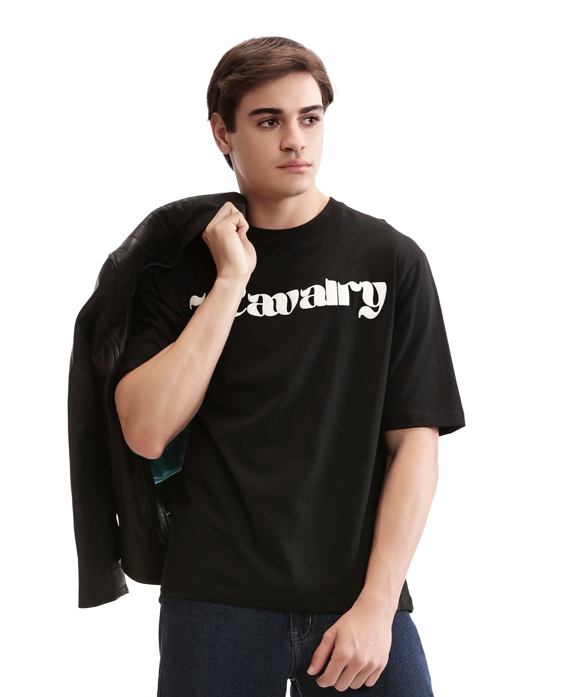Charcoal Black Single Jersey Crew Neck Oversized T-Shirt with Pure White Puff Print