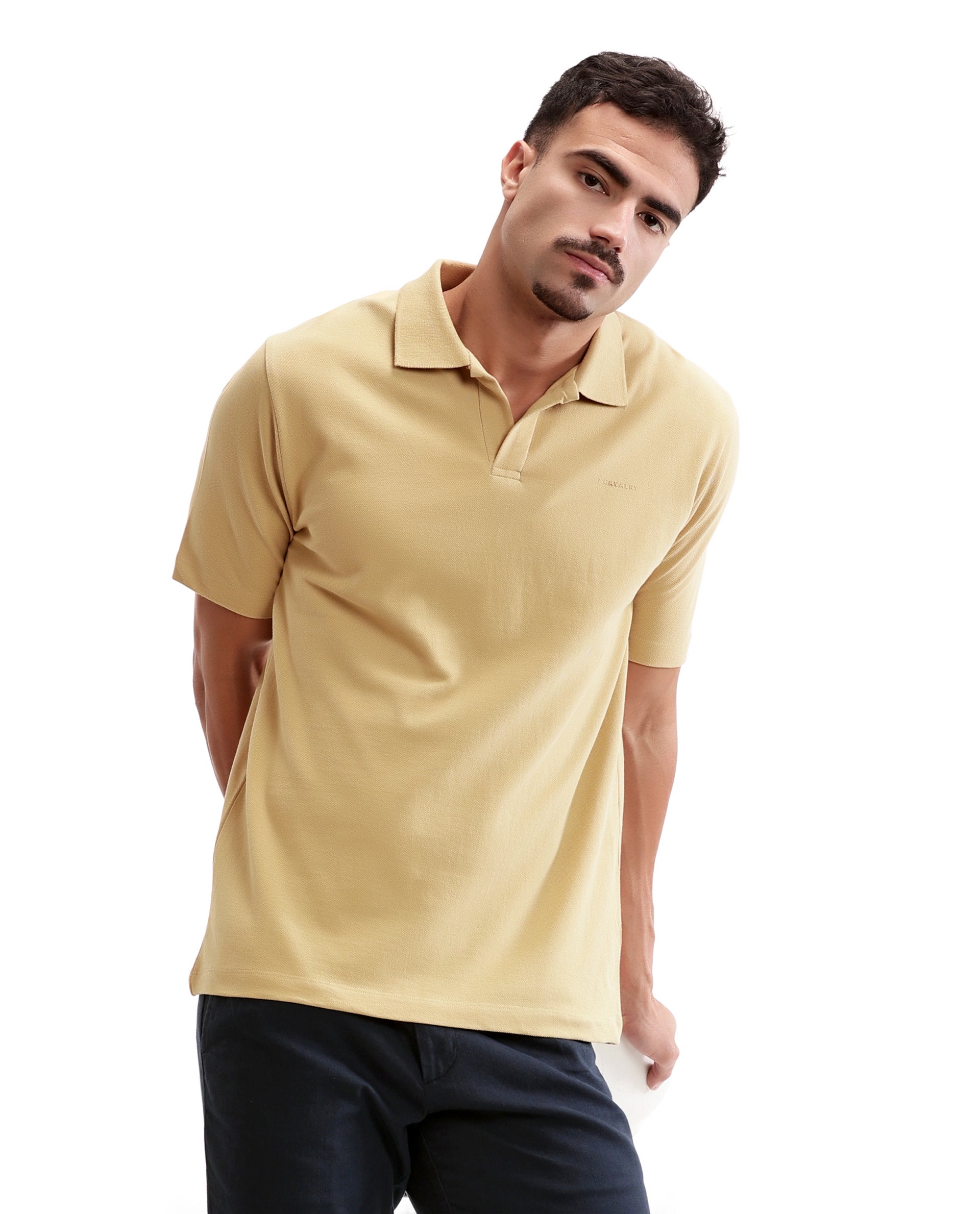 Camel Beige Pique Johnny Collar Polo with HD Print