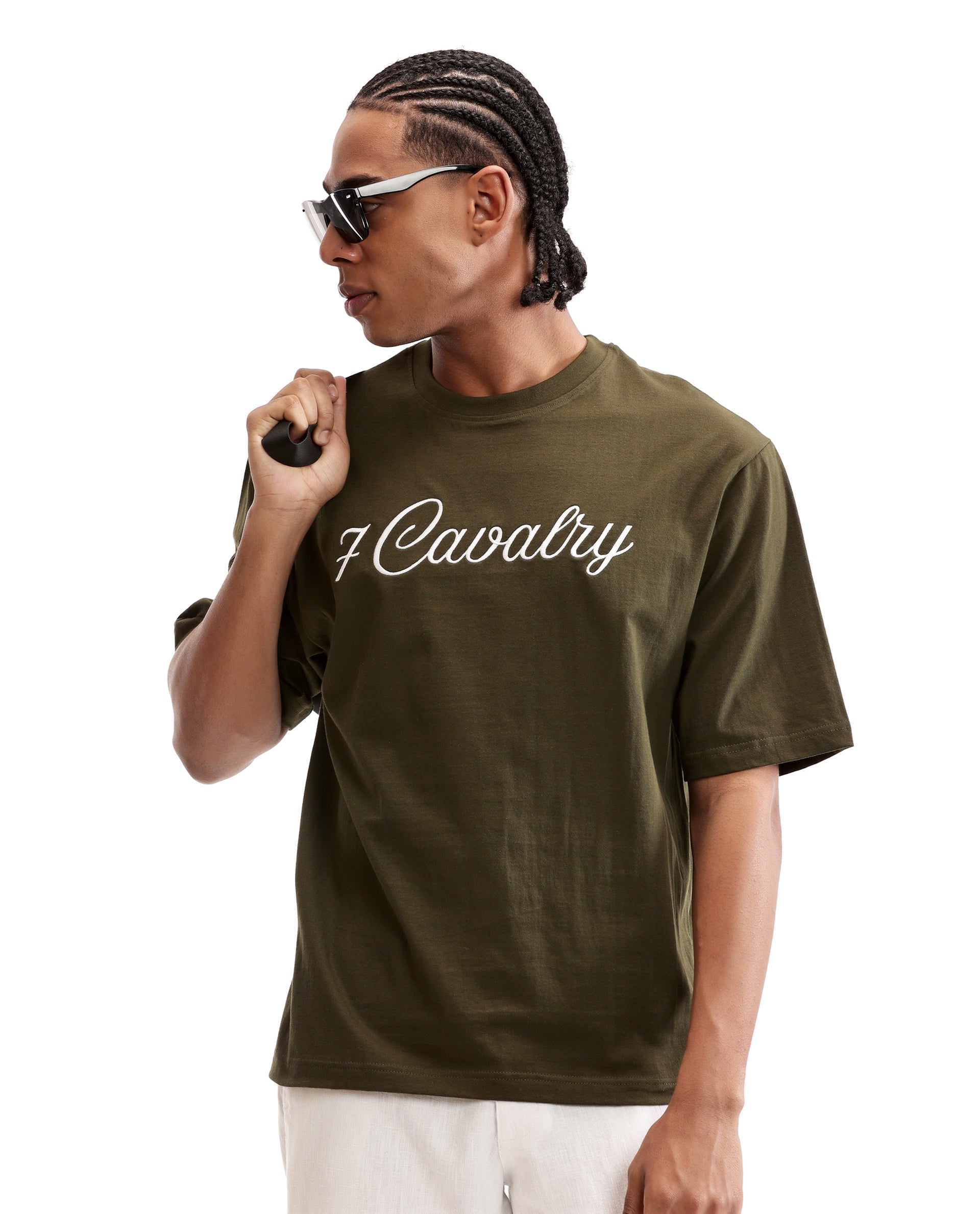 Vintage Olive Single Jersey Crew Neck Oversized T-Shirt with Pure White Embroidery