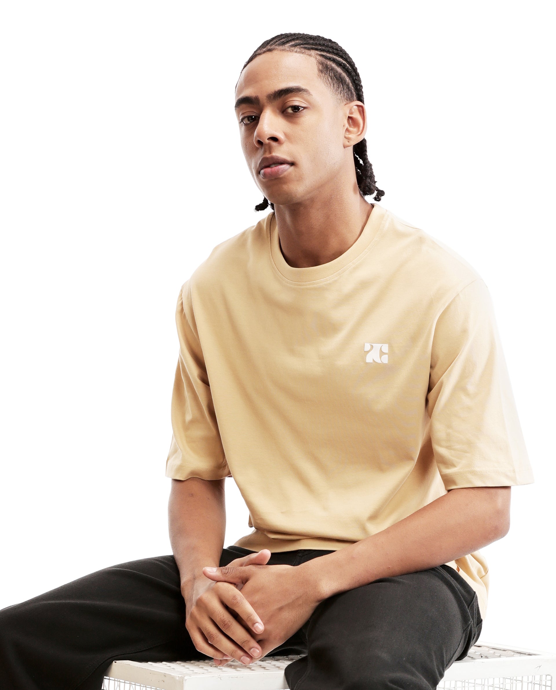 Camel Beige Single Jersey Crew Neck Oversized T-Shirt with Pure White HD Print