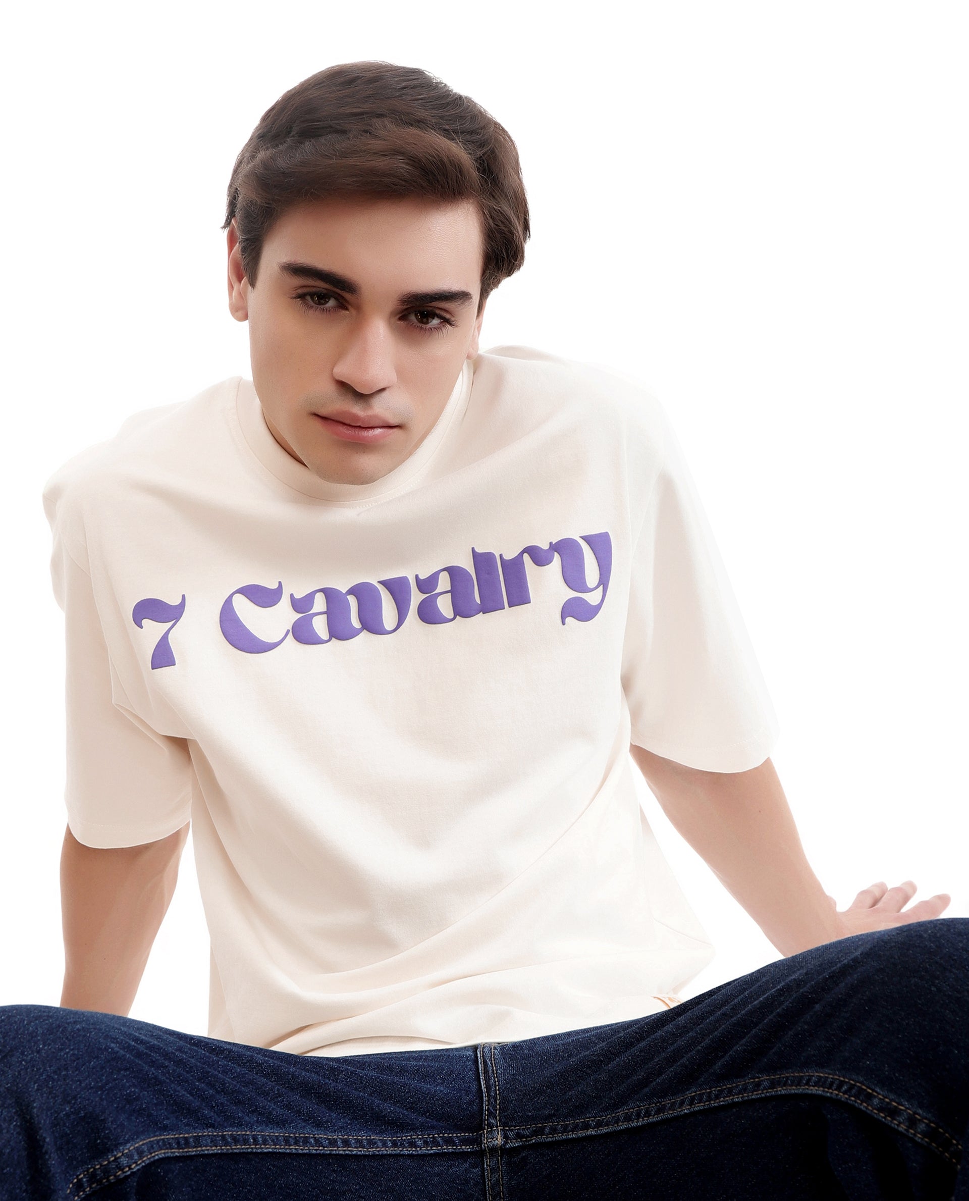 Ivory White Single Jersey Crew Neck Oversized T-Shirt with Deep Purple Puff Print