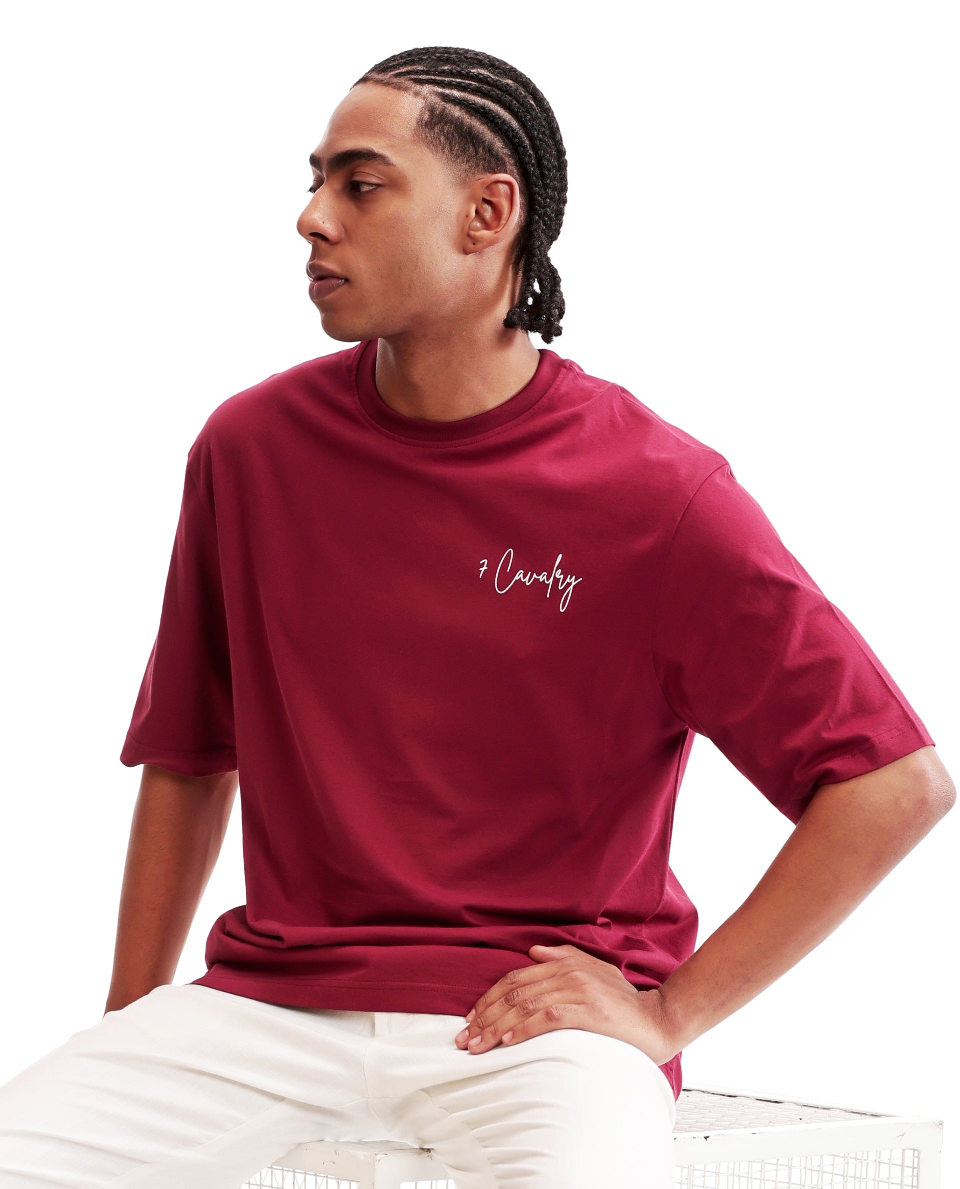 Bordeaux Maroon Single Jersey Crew Neck Oversized T-Shirt with Pure White Non-PVC Print