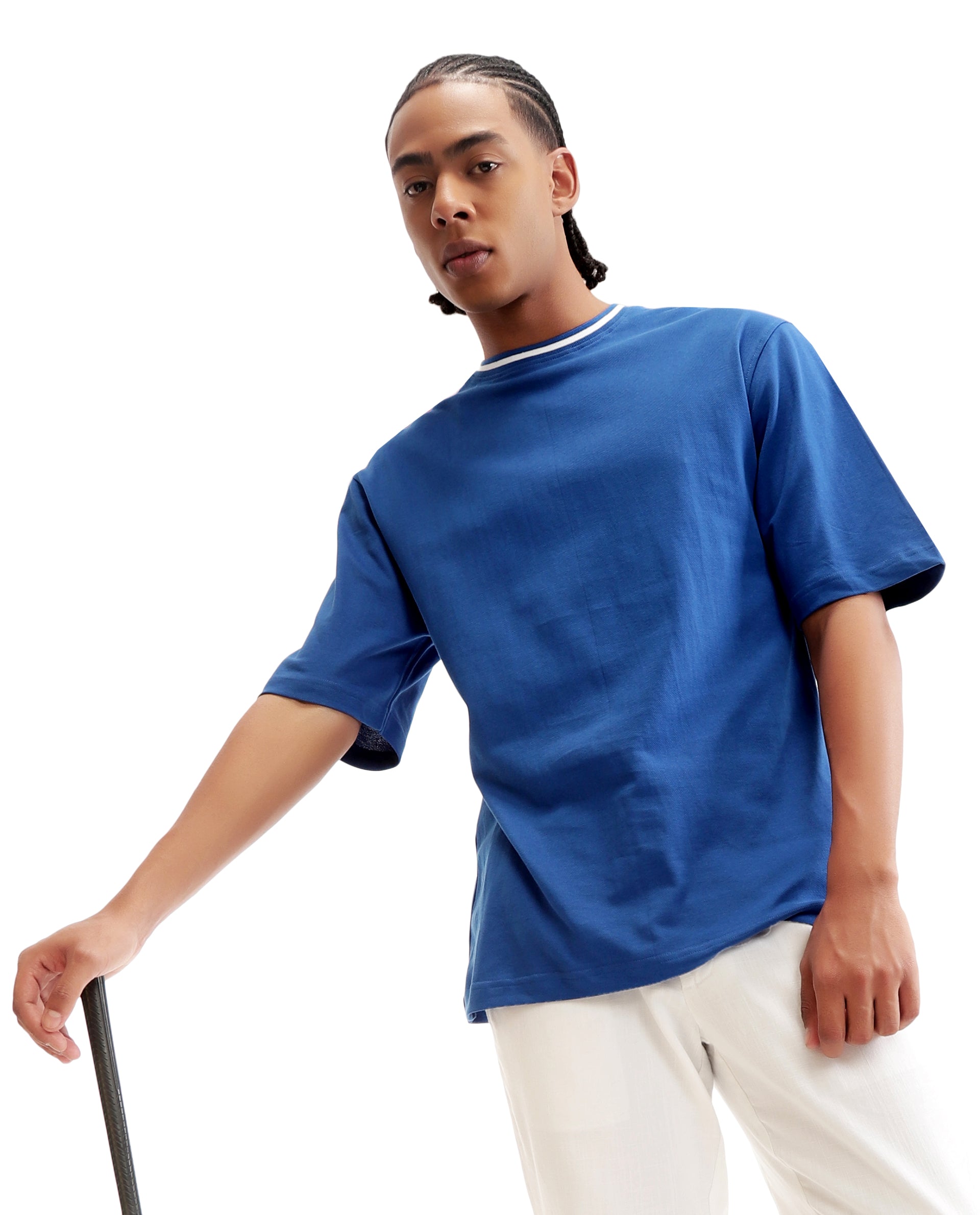Imperial Prussian Blue Pique Crew Neck Oversized T-Shirt with Pure White Piping