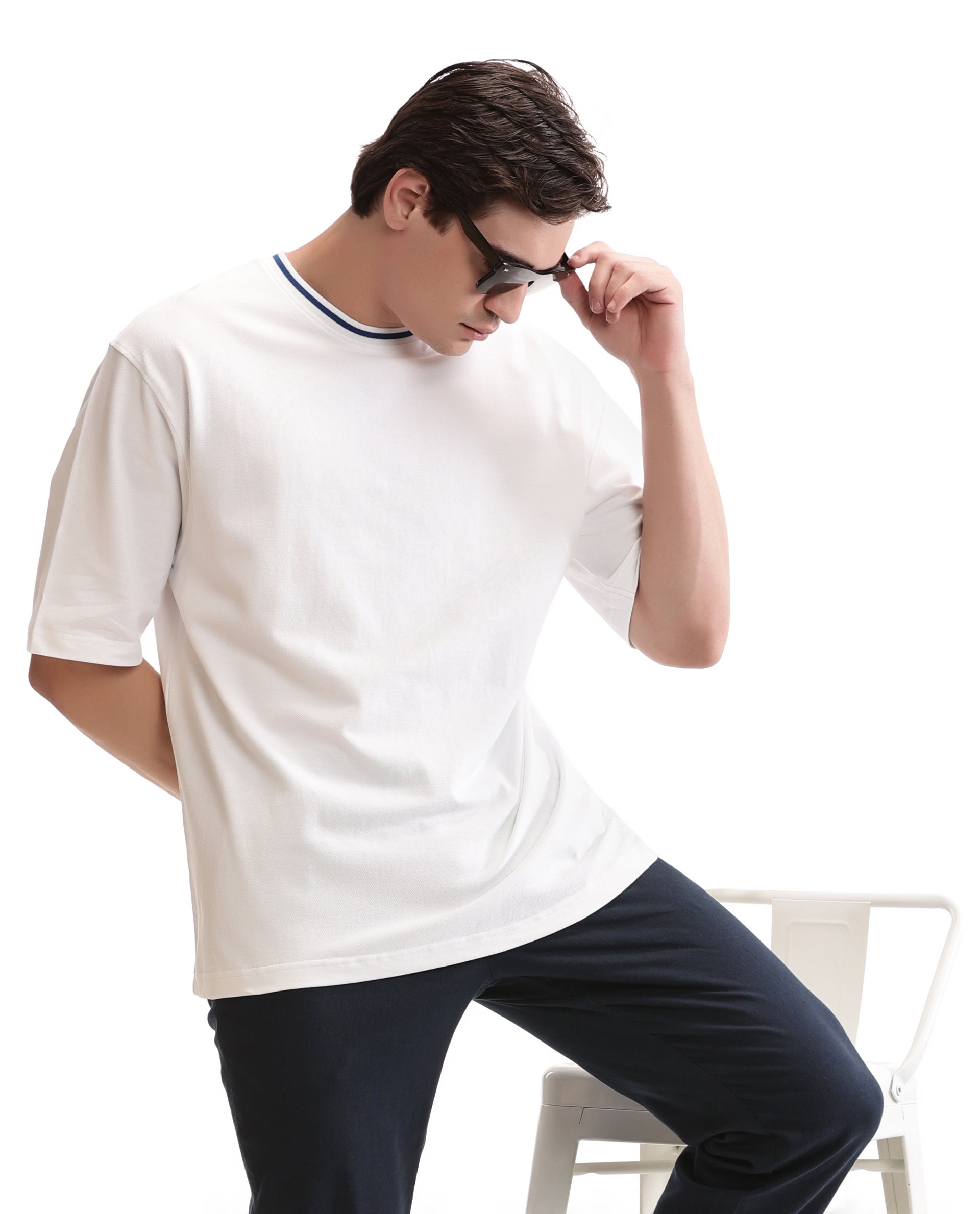 Pure White Pique Crew Neck Oversized T-Shirt with Imperial Prussian Blue Piping