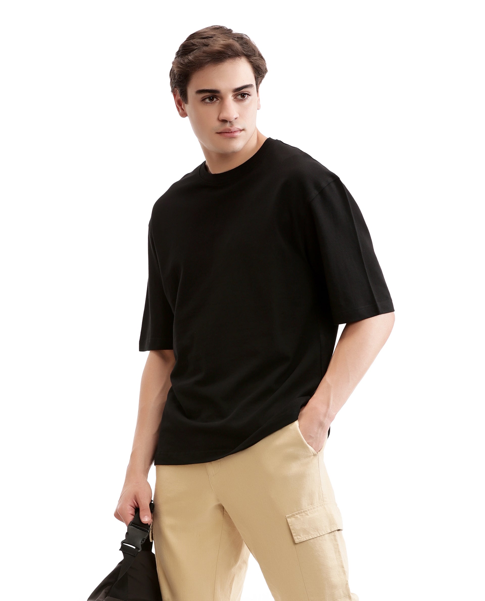 Charcoal Black Pique Crew Neck Oversized T-Shirt