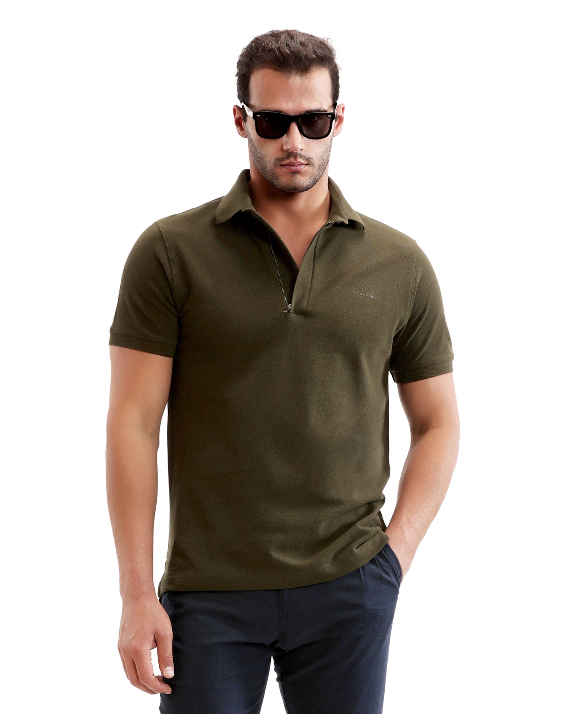 Vintage Olive Pique Polo with Concealed 7C Metal Zip, HD Print