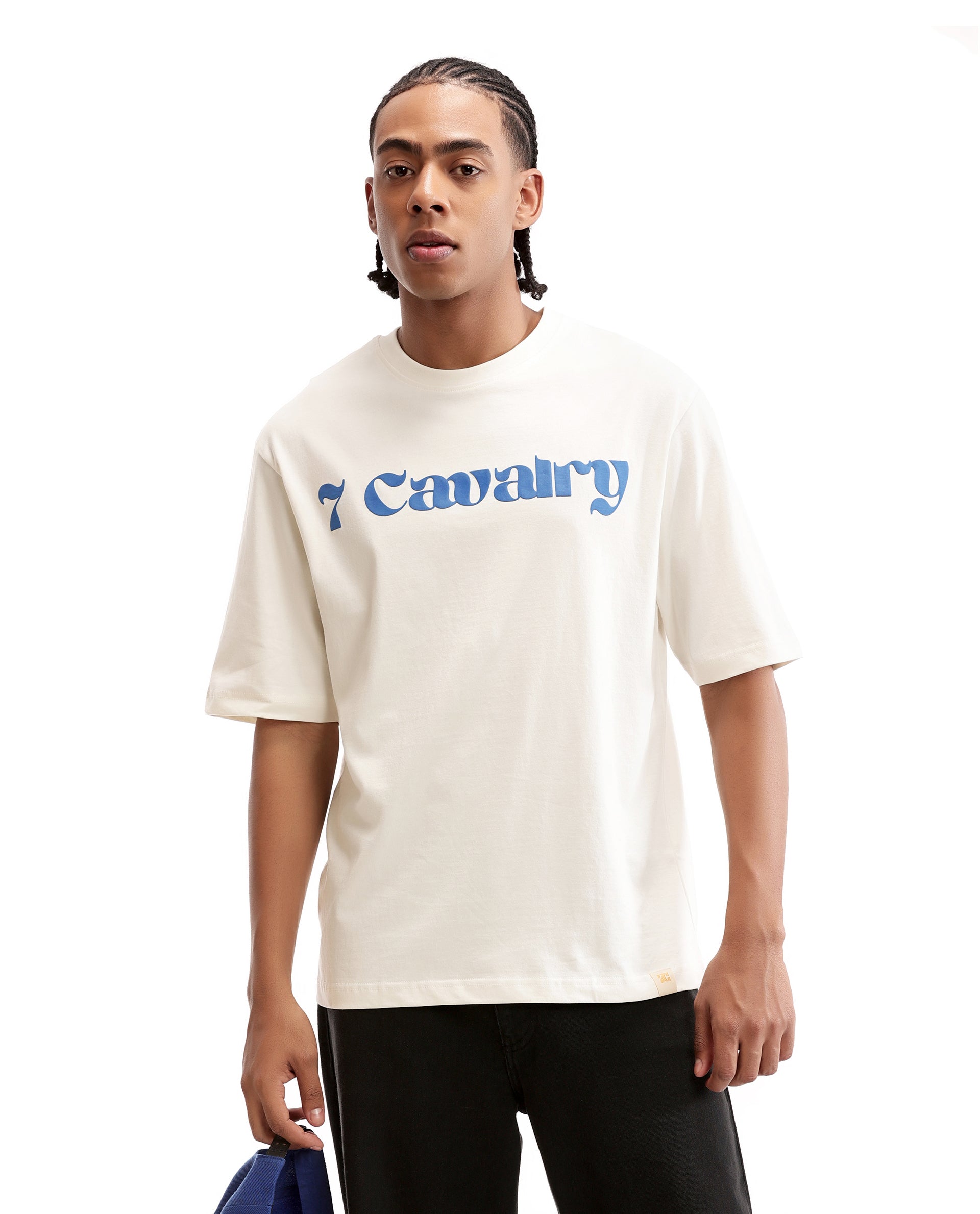 Ivory White Single Jersey Crew Neck Oversized T-Shirt with Midnight Navy Blue Puff Print