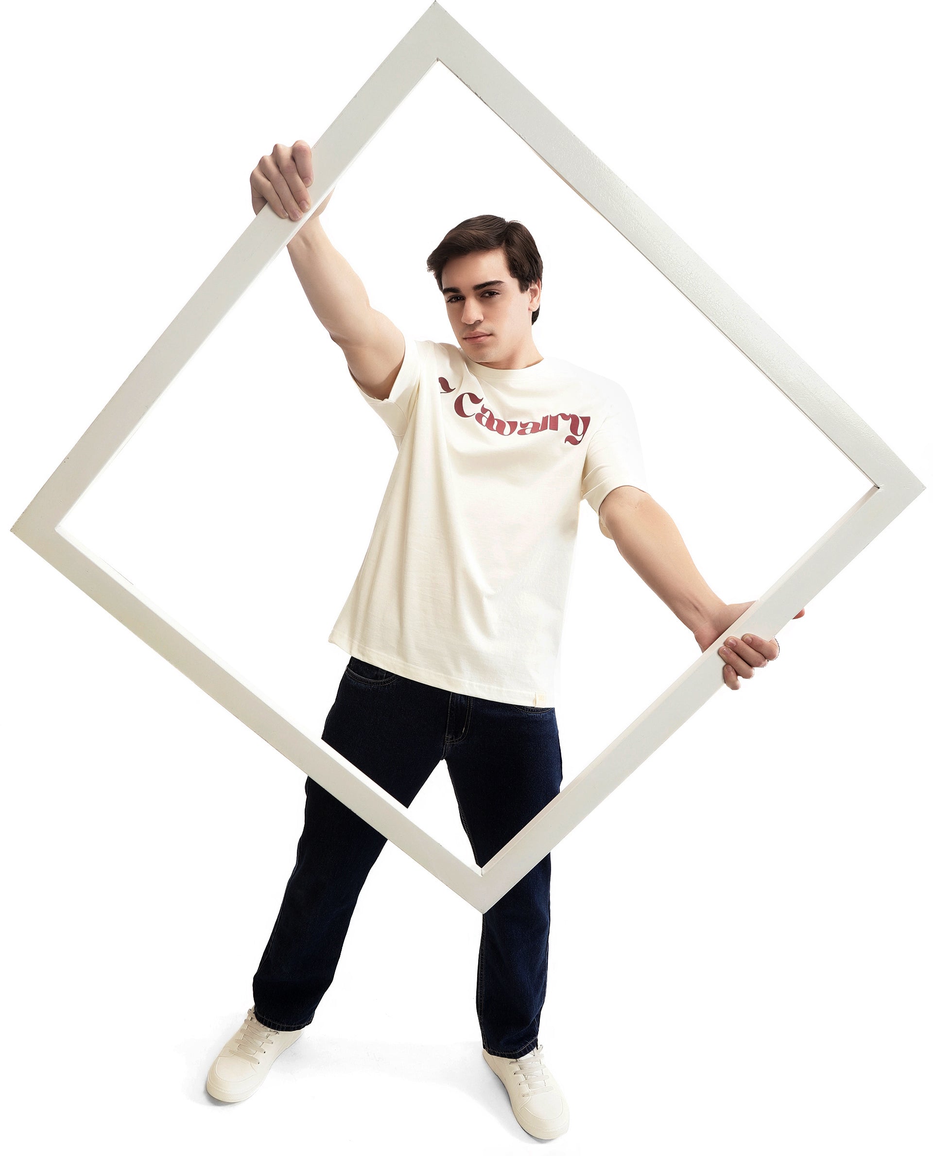 Ivory White Single Jersey Crew Neck Oversized T-Shirt with Bordeaux Maroon Puff Print