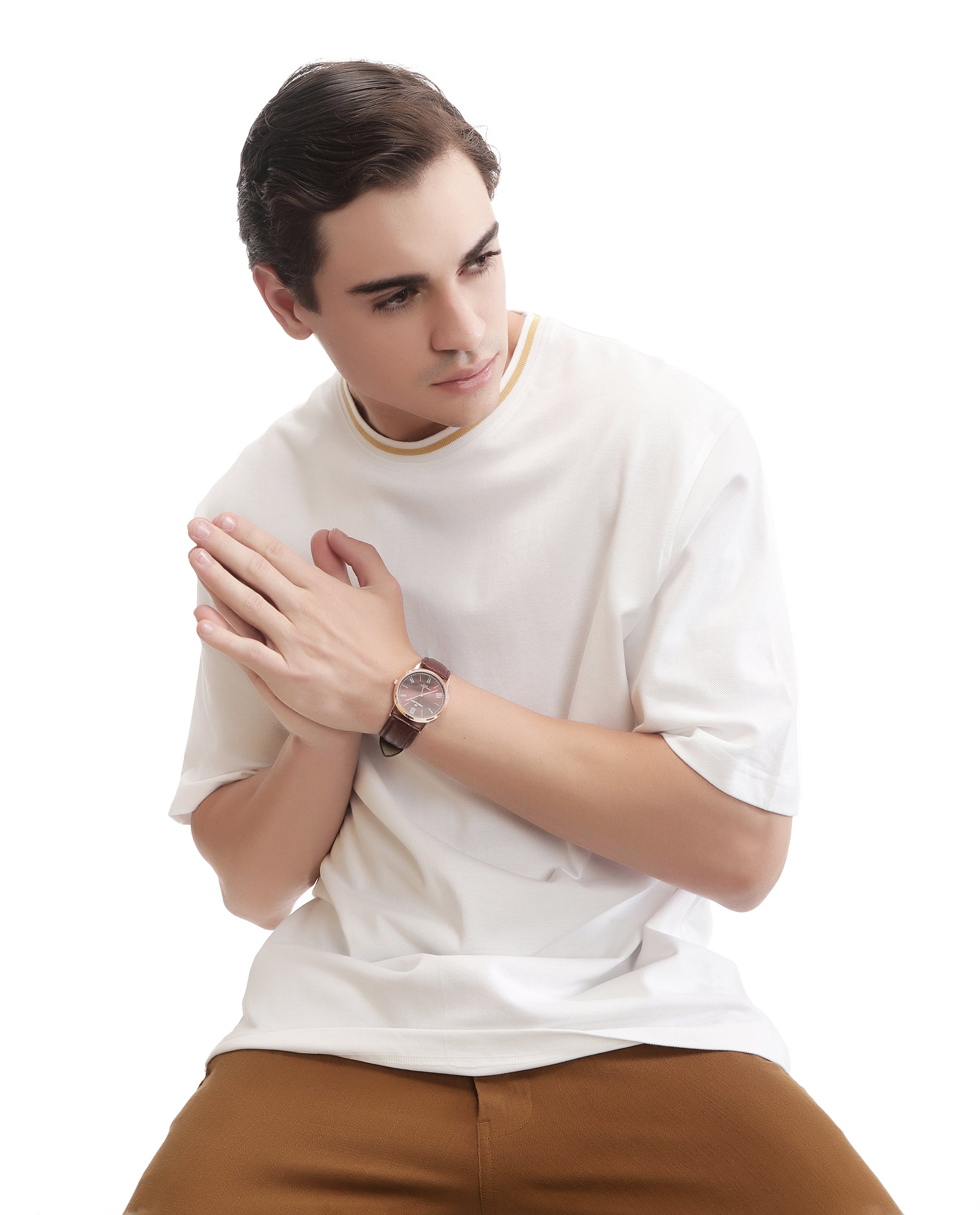 Pure White Pique Crew Neck Oversized T-Shirt with Camel Beige Piping