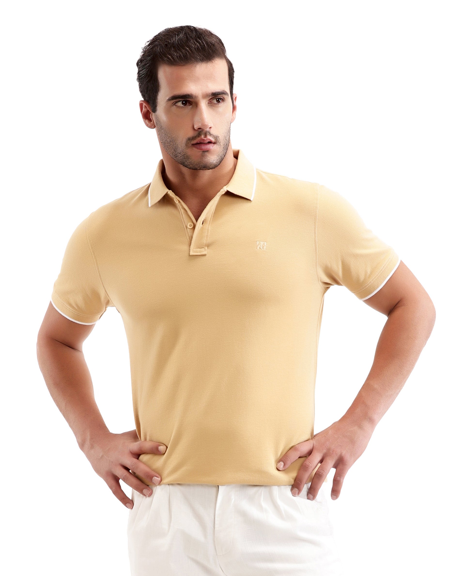 Camel Beige Pique Polo with White Collar Piping, Tone-on-Tone 7C Embroidery