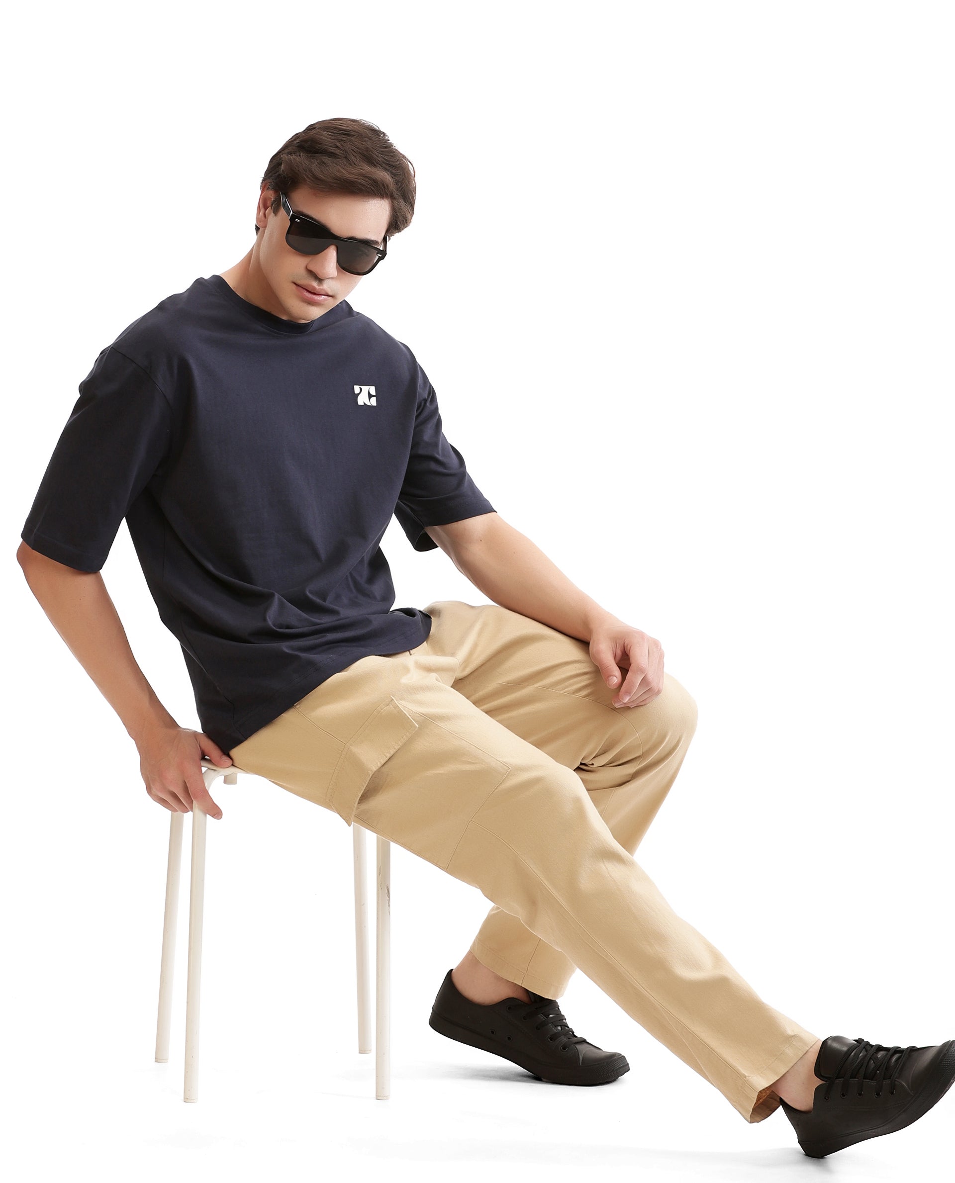 Midnight Navy Blue Single Jersey Crew Neck Oversized T-Shirt with Pure White HD Print