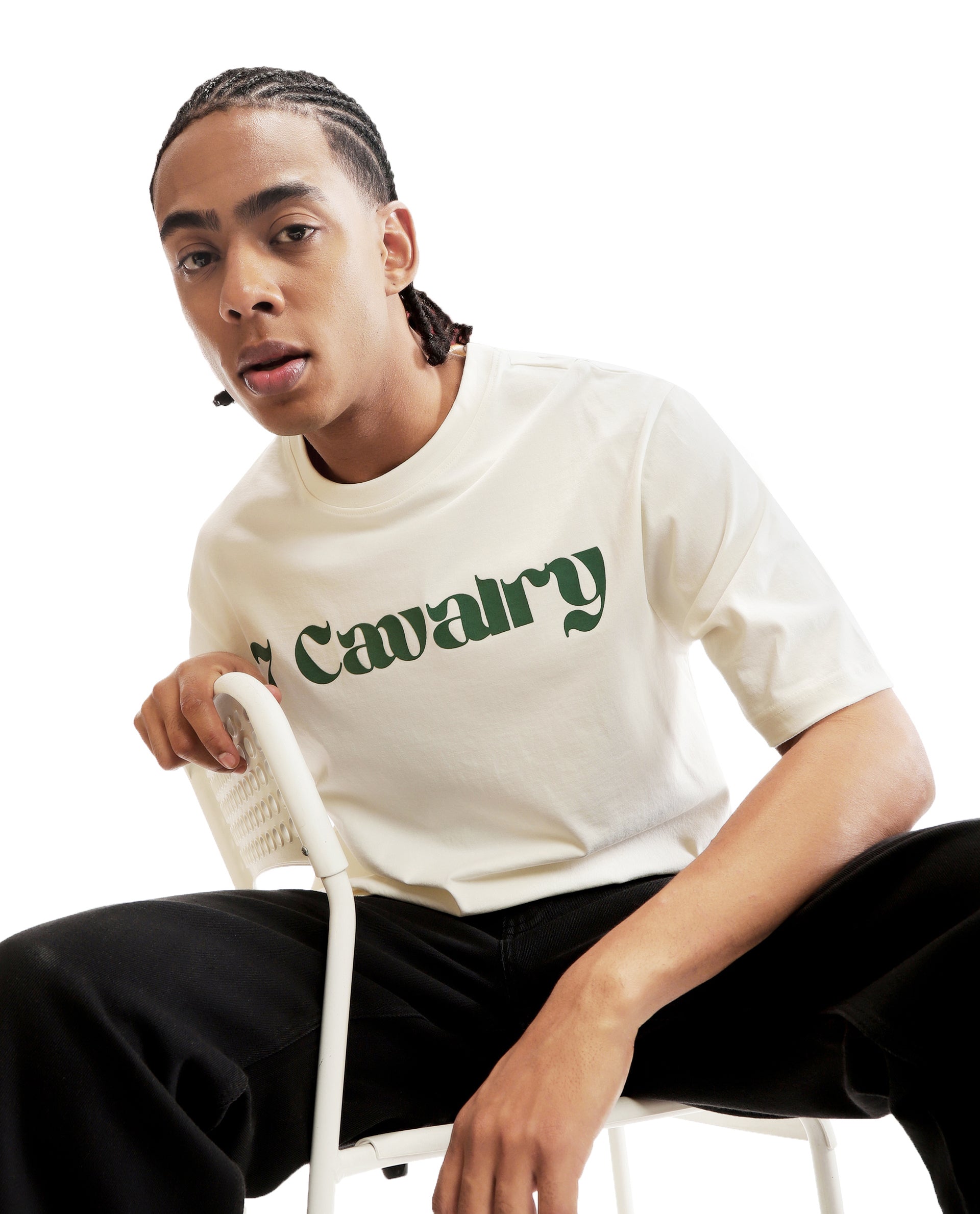 Ivory White Single Jersey Crew Neck Oversized T-Shirt with Deep Forest Green Puff Print