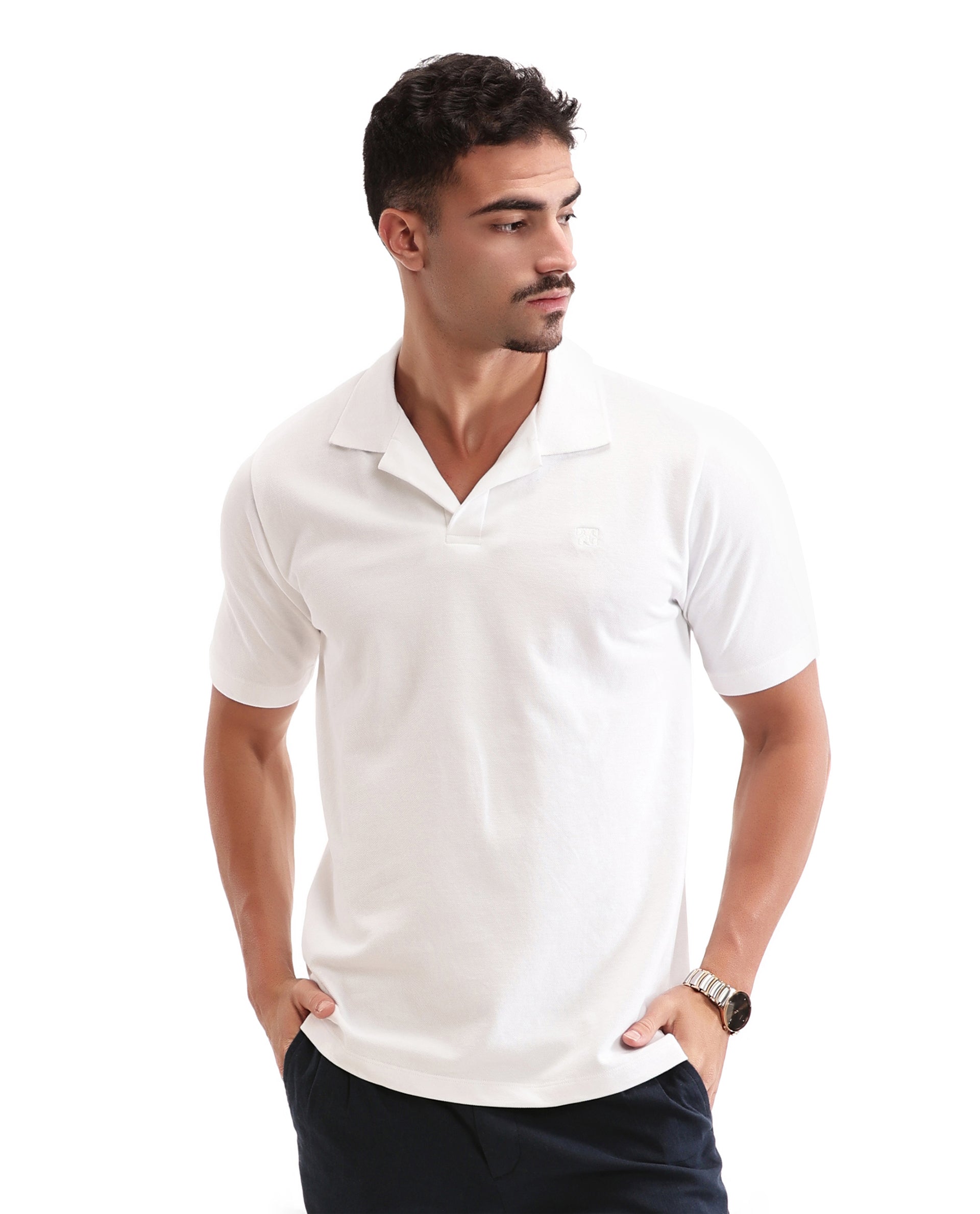 Pure White Johnny Collar Pique Polo with Tone-on-Tone 7C Embroidery