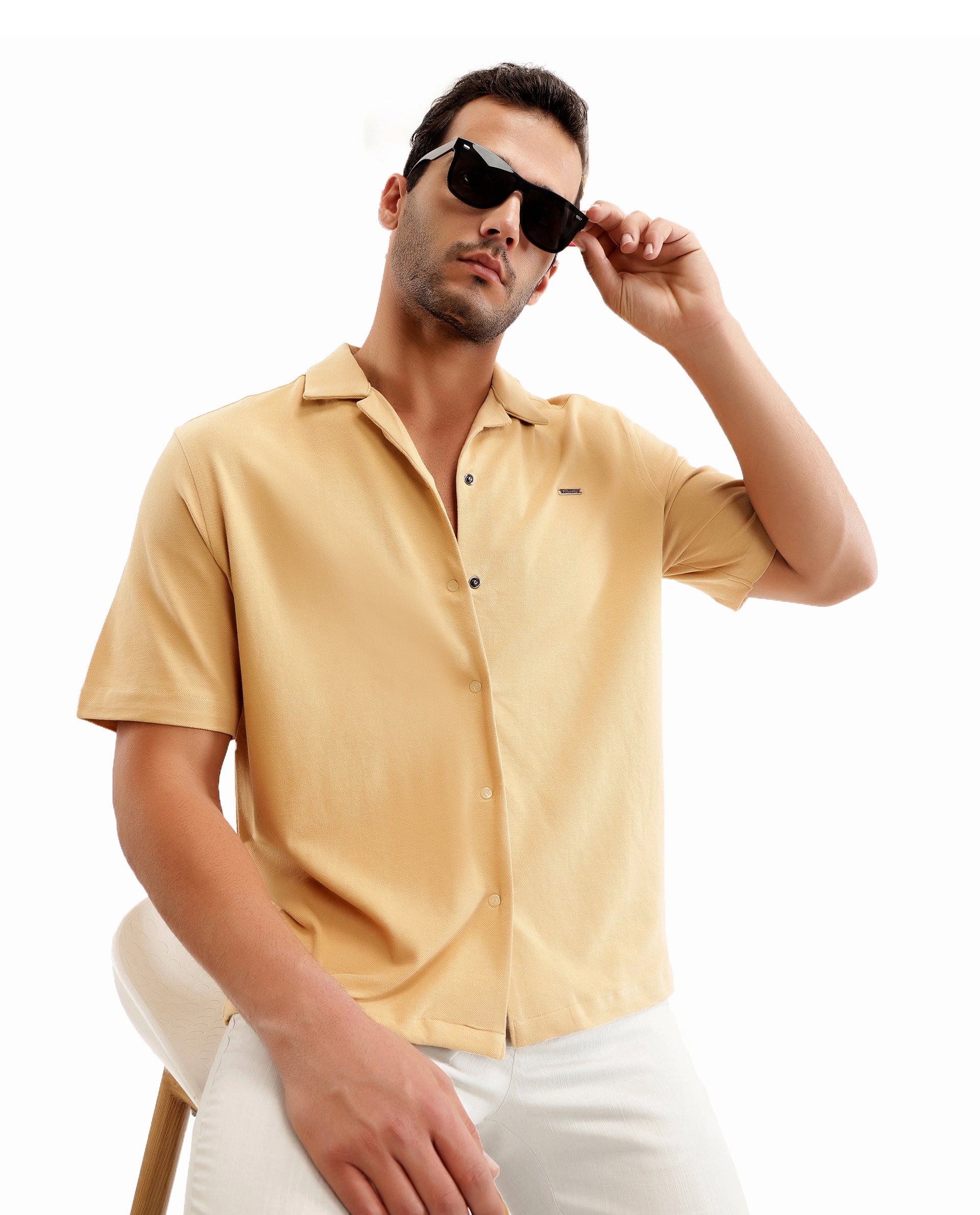 Camel Beige Pique Knit Shirt with 7C Engraved Snap Buttons, Gun Metal Badge