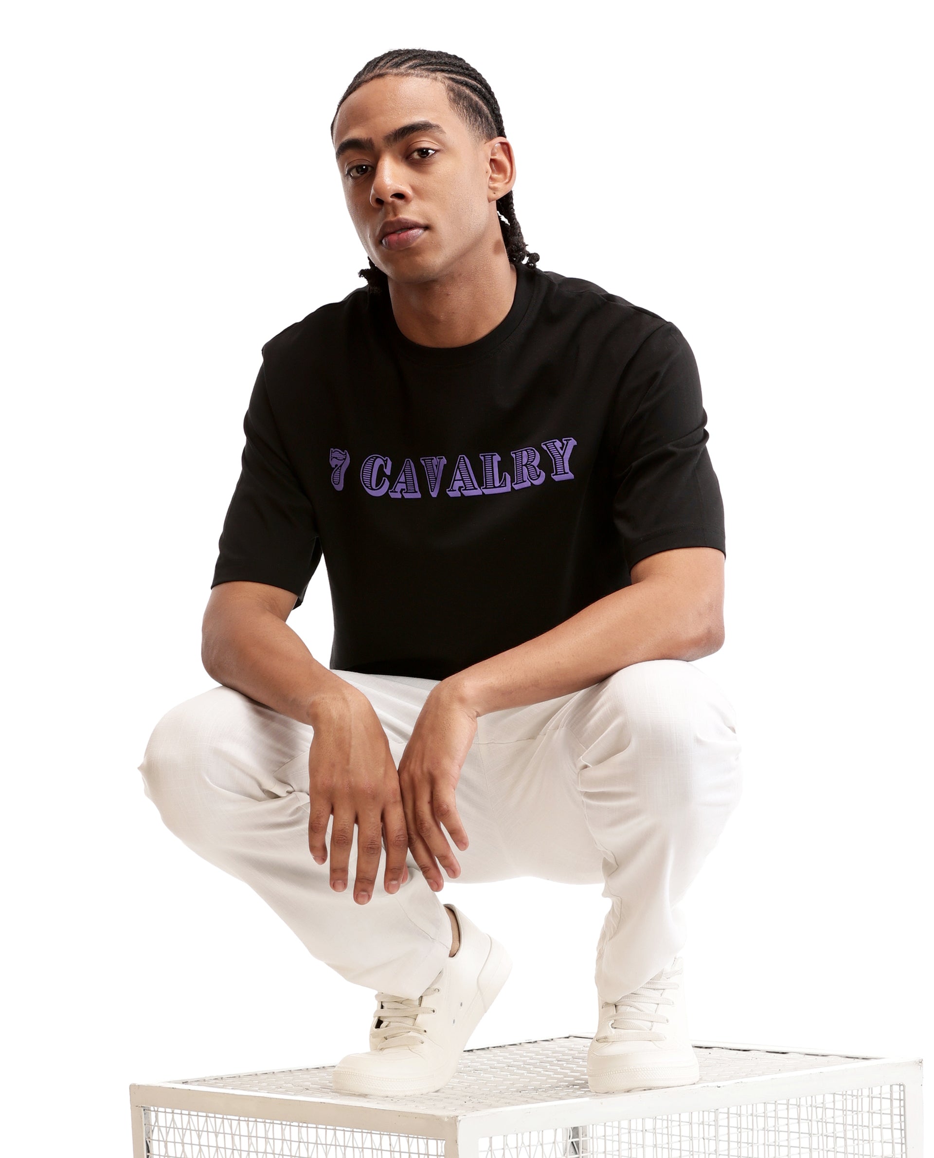 Charcoal Black Single Jersey Crew Neck Oversized T-Shirt with Deep Purple HD Print