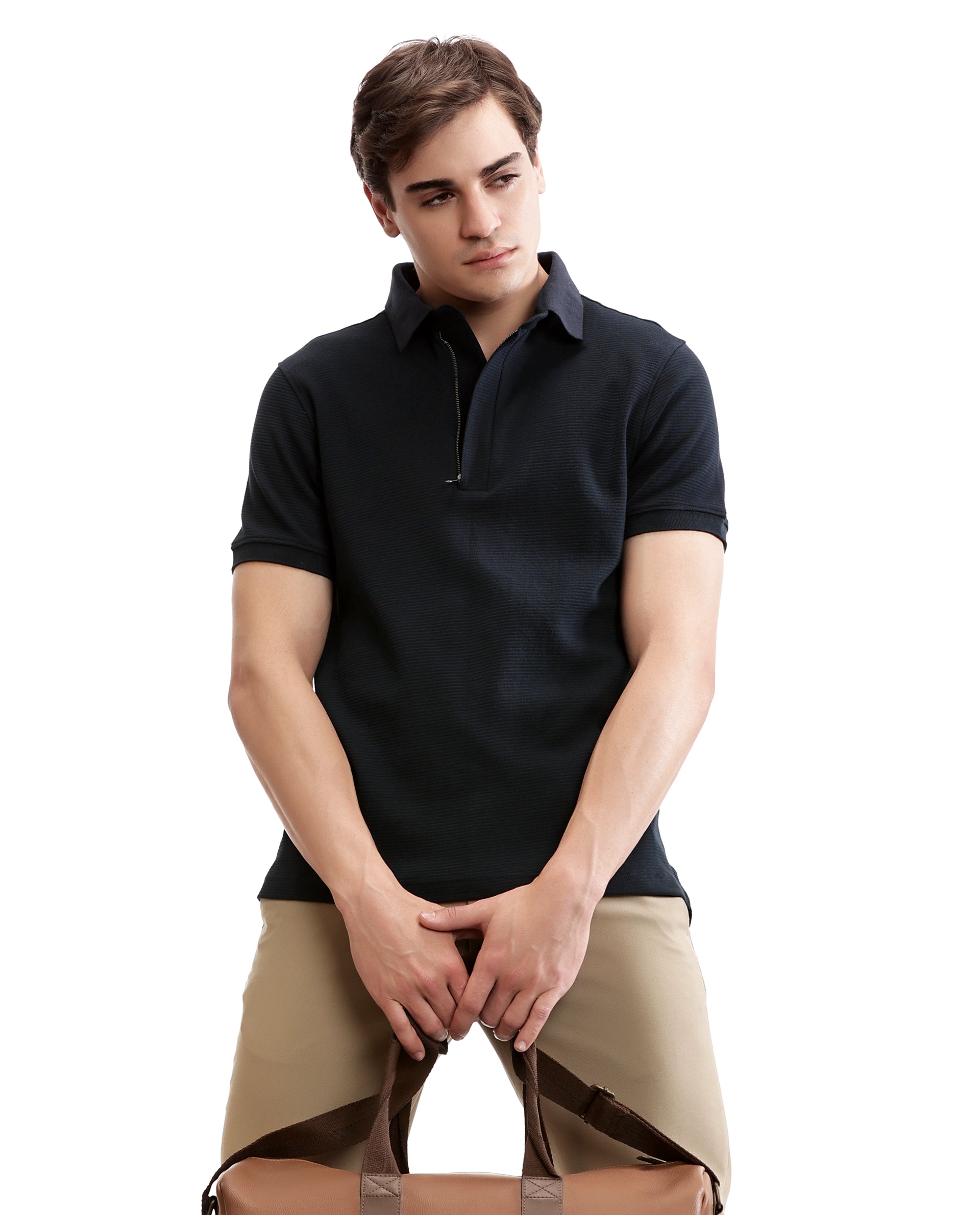 Midnight Navy Blue Knitted Ottoman Polo with 7C Metal Zip