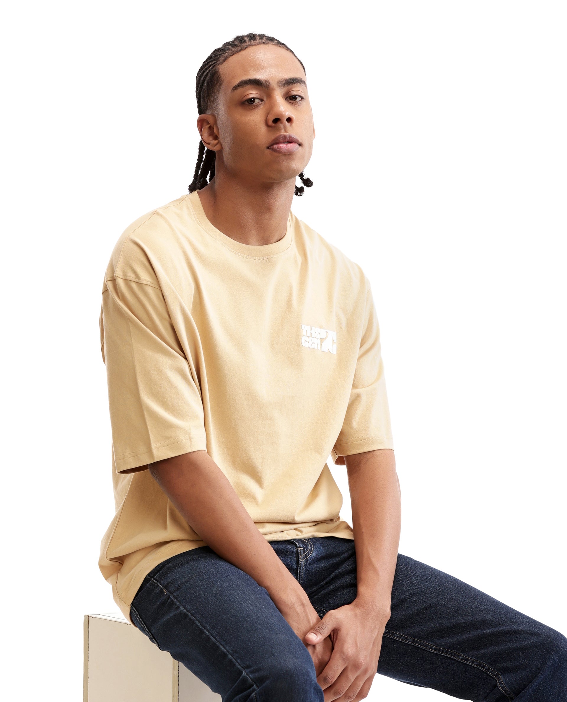 Camel Beige Single Jersey Crew Neck Oversized T-Shirt with 7C Premium HD Print