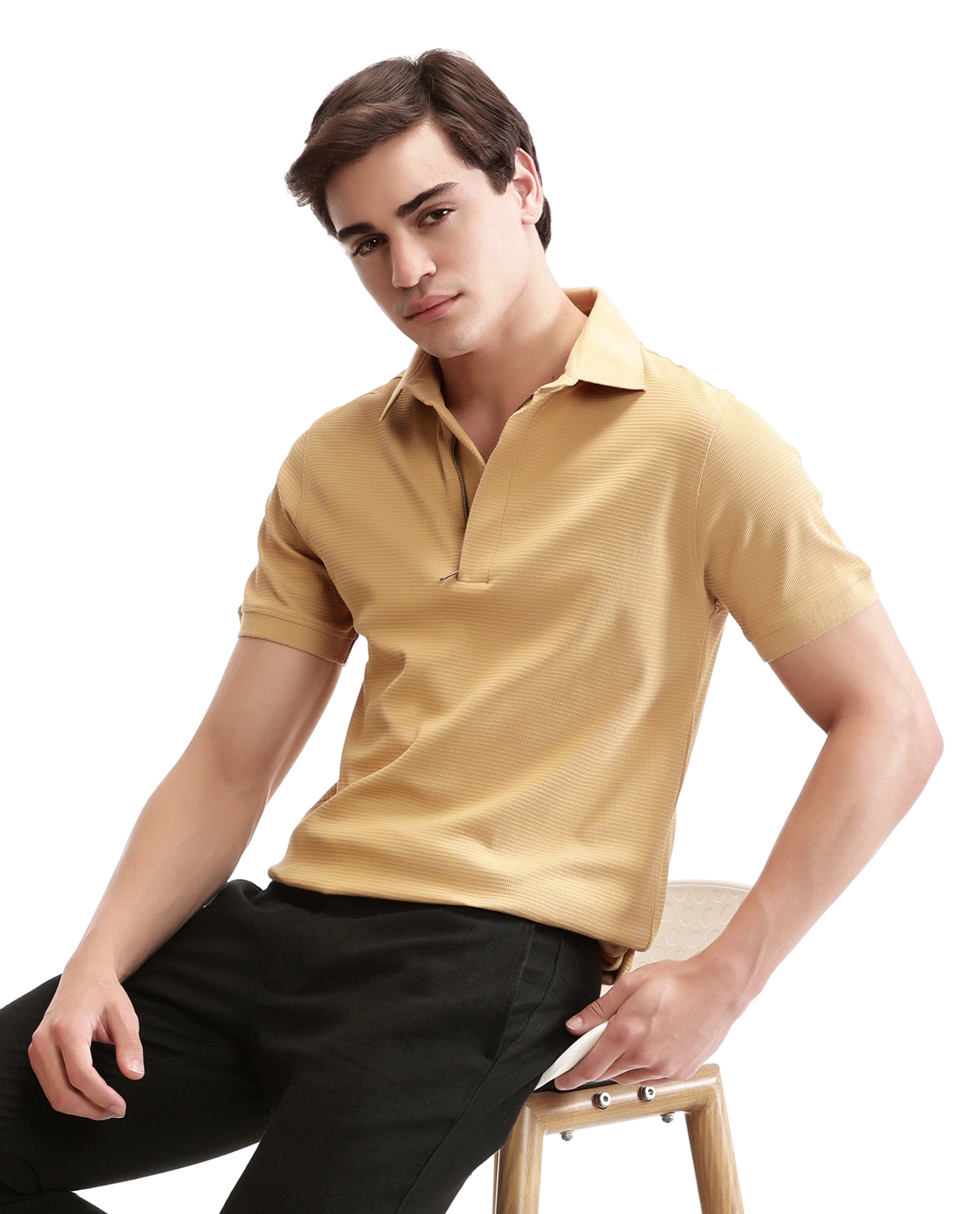 Camel Beige Knitted Waffle Polo with 7C Metal Zip