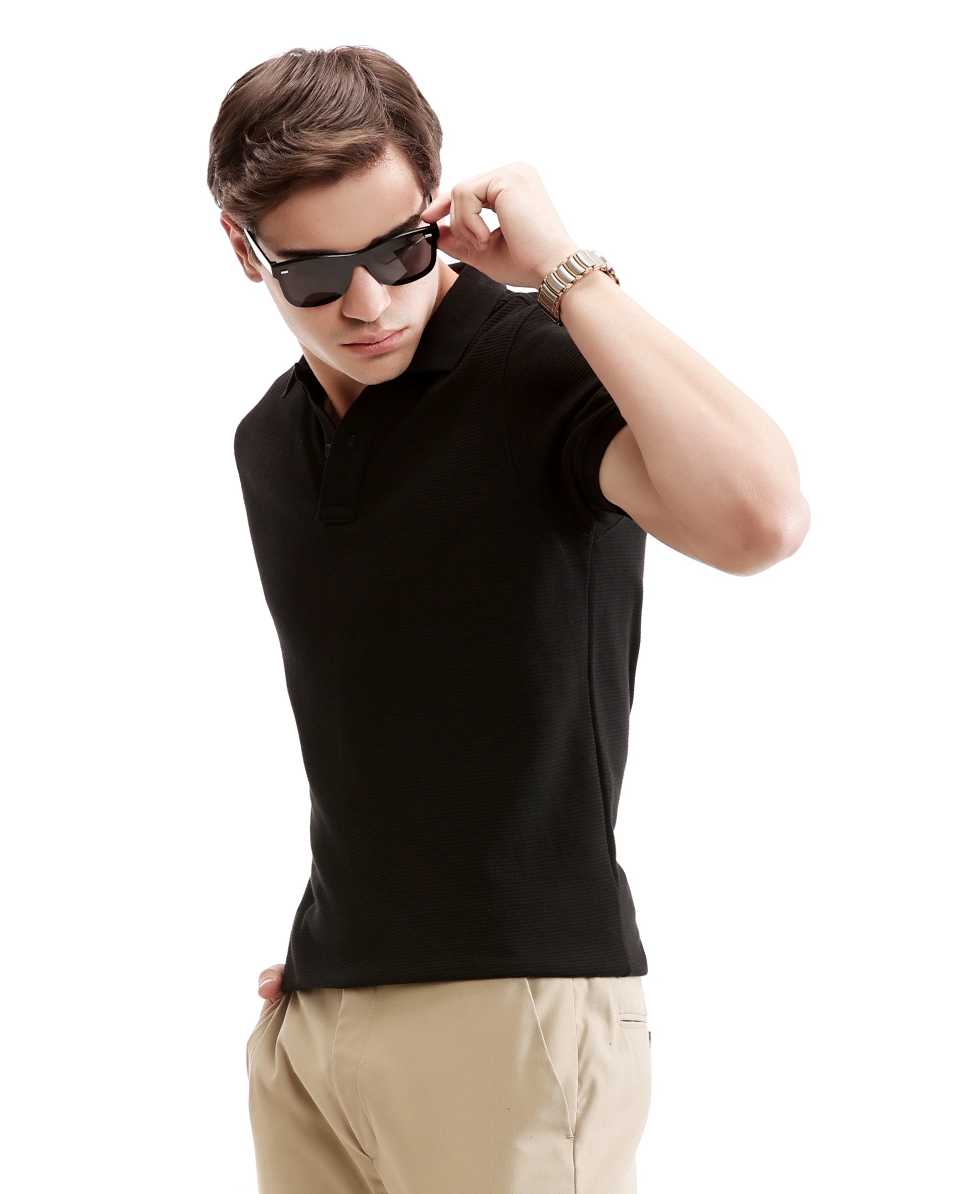 Charcoal Black Knitted Ottoman Polo with Ribbed Collar