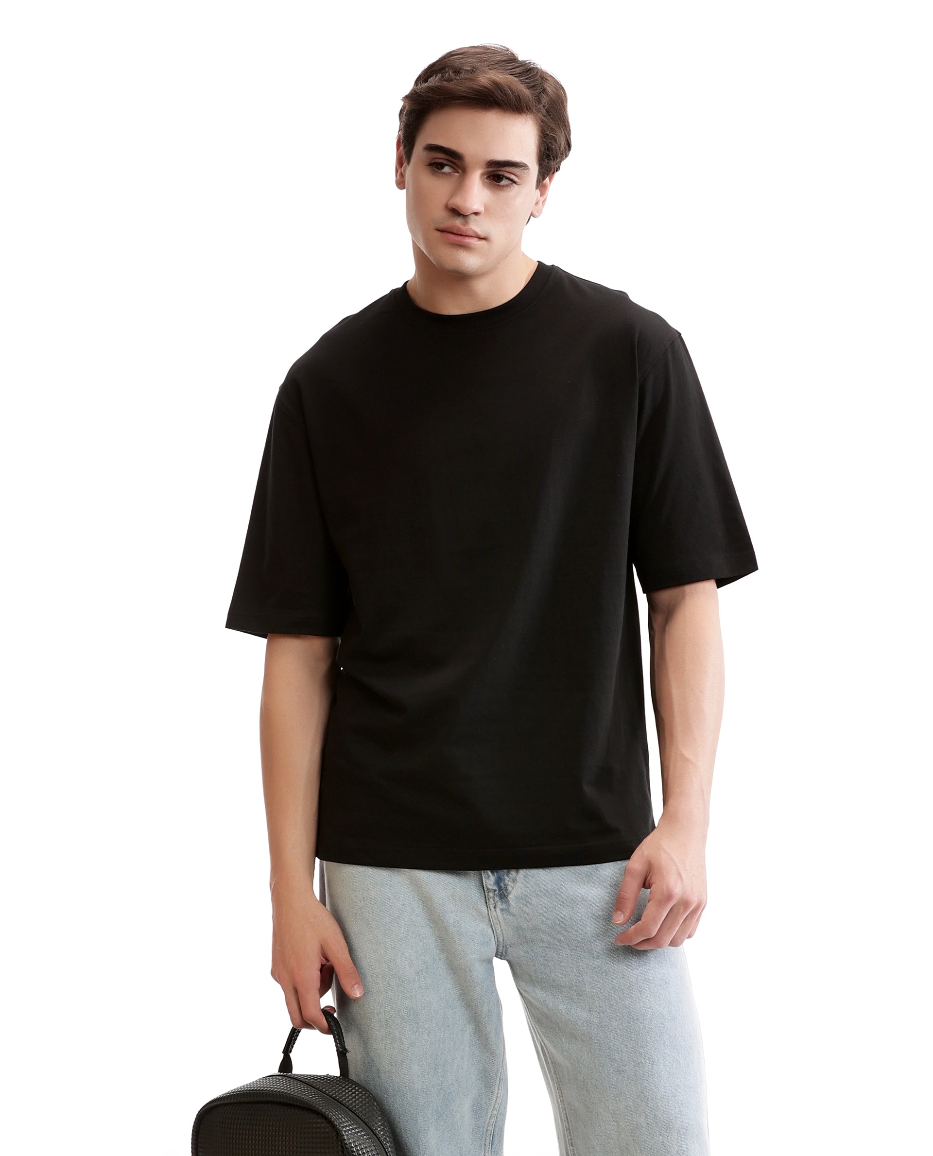 Charcoal Black Single Jersey Crew Neck Oversized T-Shirt