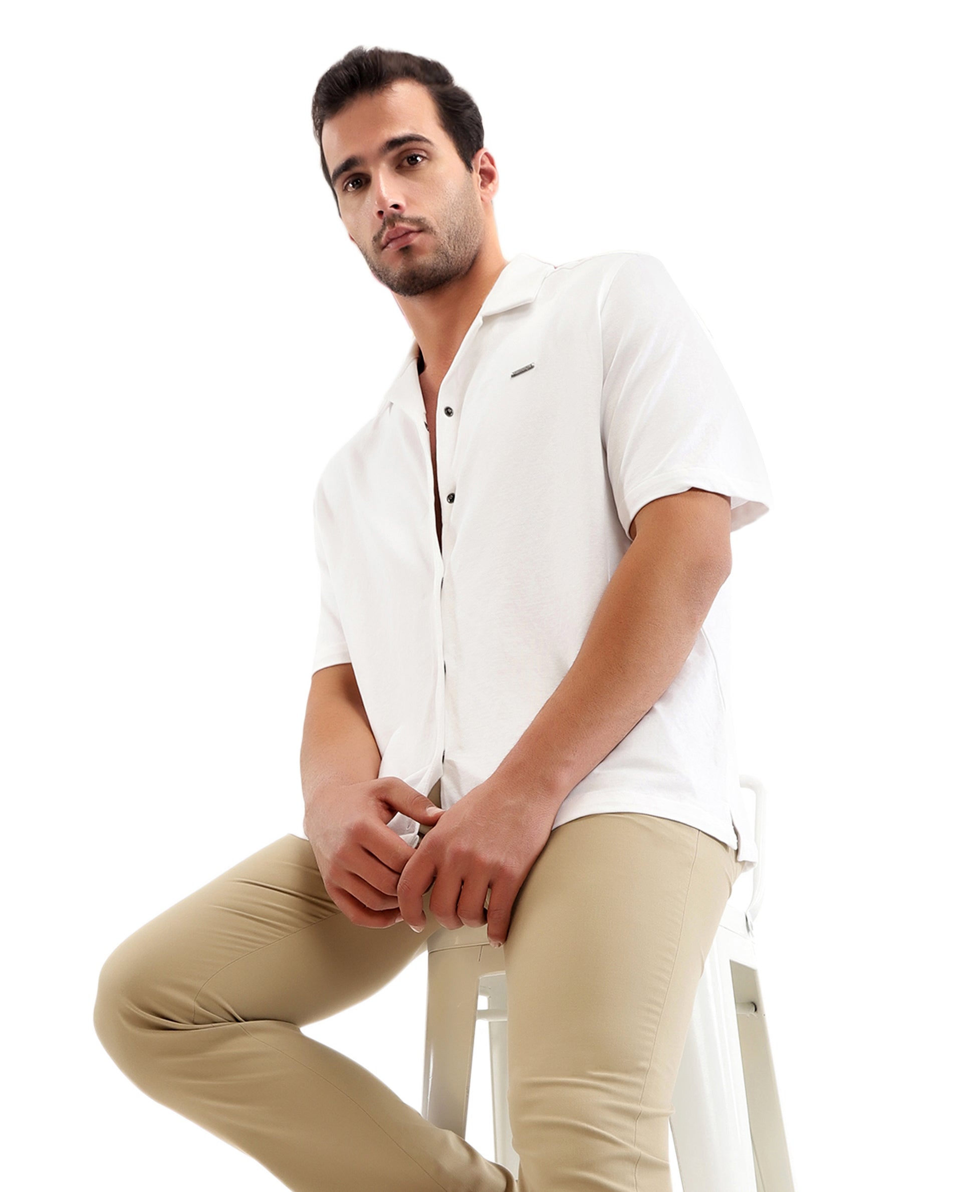 Pure White Pique Knit Shirt with 7C Engraved Snap Buttons, Gun Metal Badge