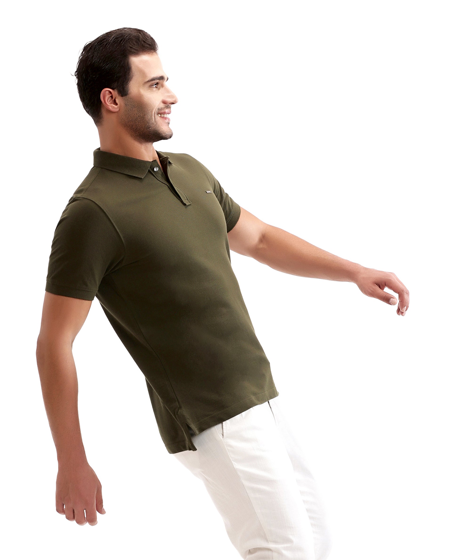 Vintage Olive Pique Polo with Metal Buttons, 7C Metal Badge
