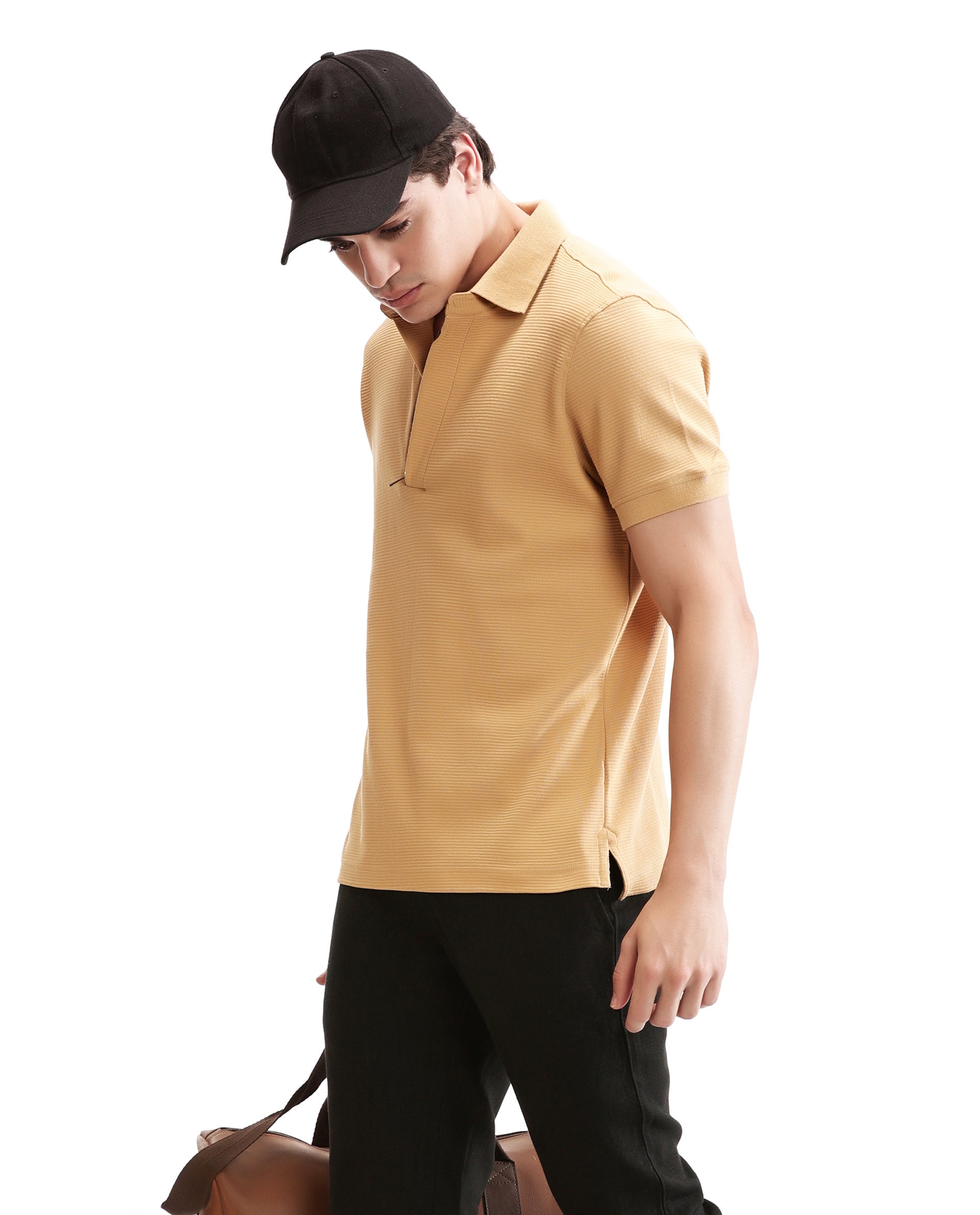 Camel Beige Knitted Ottoman Polo with Ribbed Collar