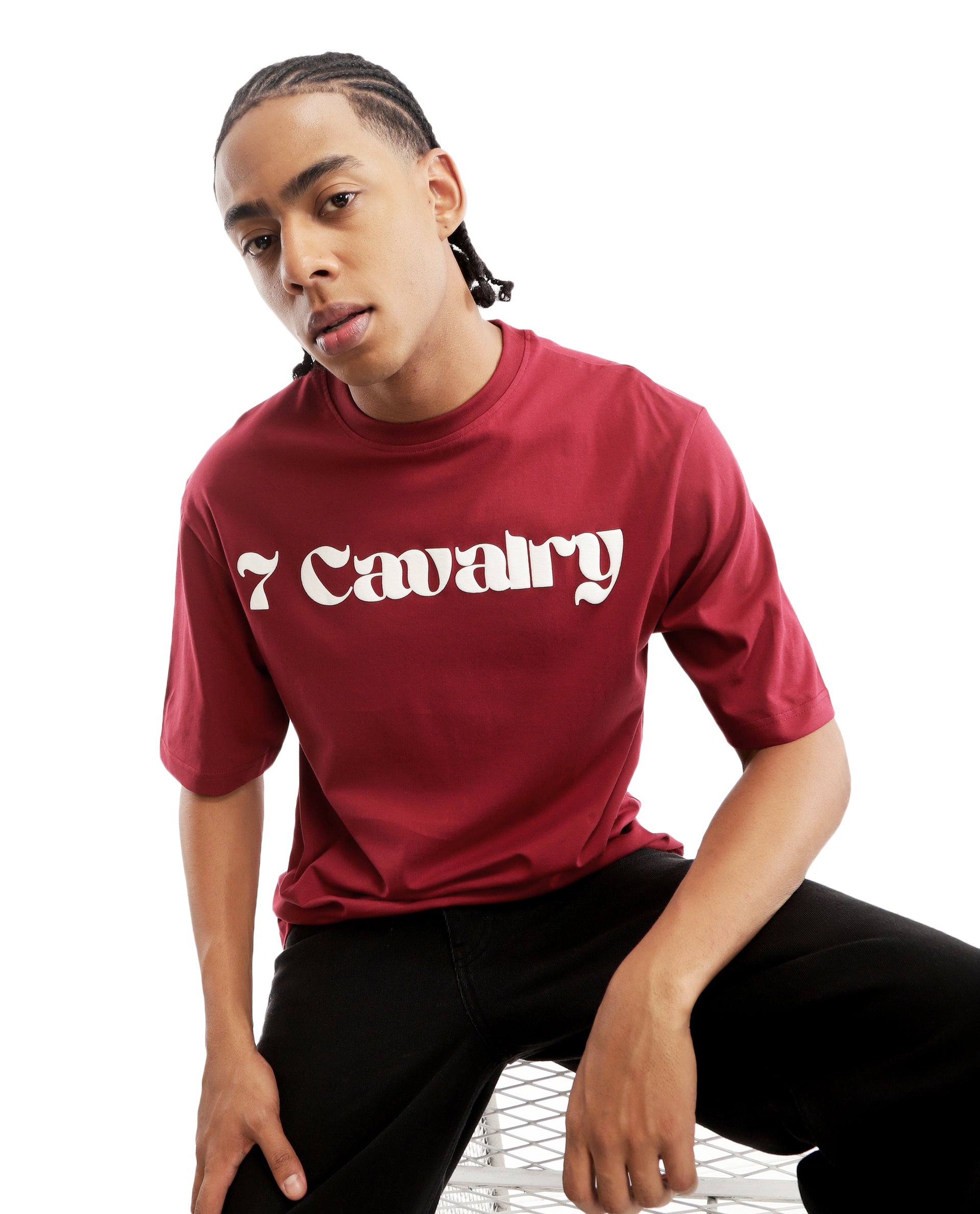 Bordeaux Maroon Single Jersey Crew Neck Oversized T-Shirt with Pure White Puff Print