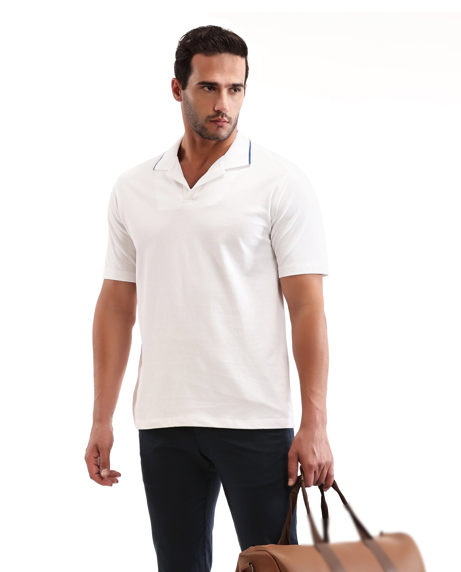 Pure White Johnny Collar Pique Polo with Prussian Blue Collar Piping