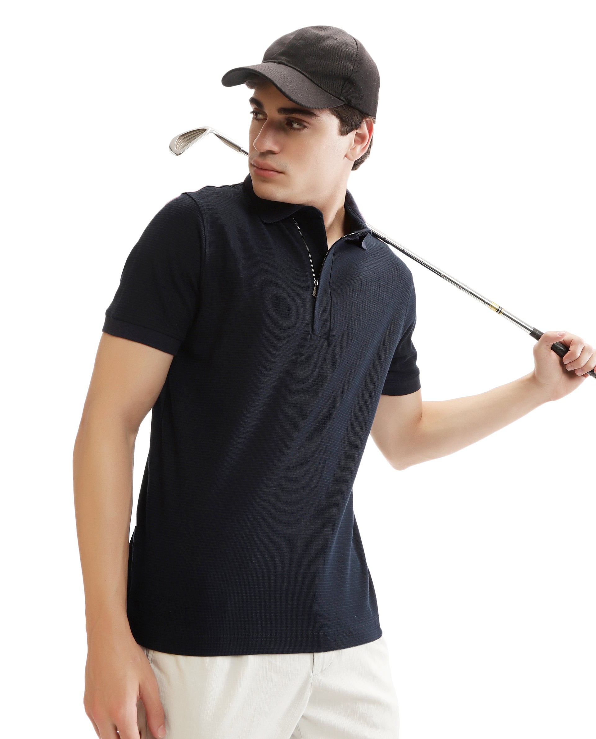 Midnight Navy Blue Knitted Waffle Polo with 7C Metal Zip