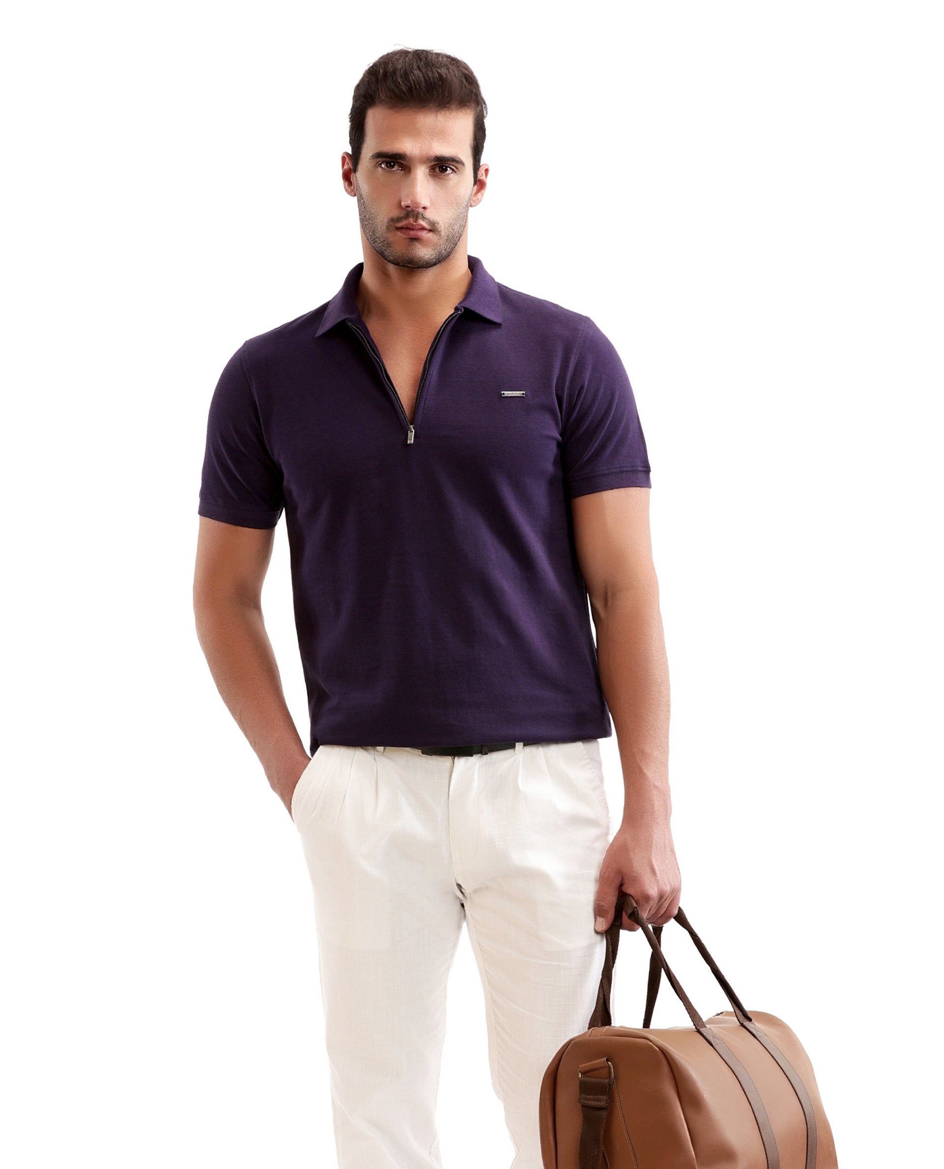 Deep Purple Pique Polo with 7C Metal Zip, Metal Badge