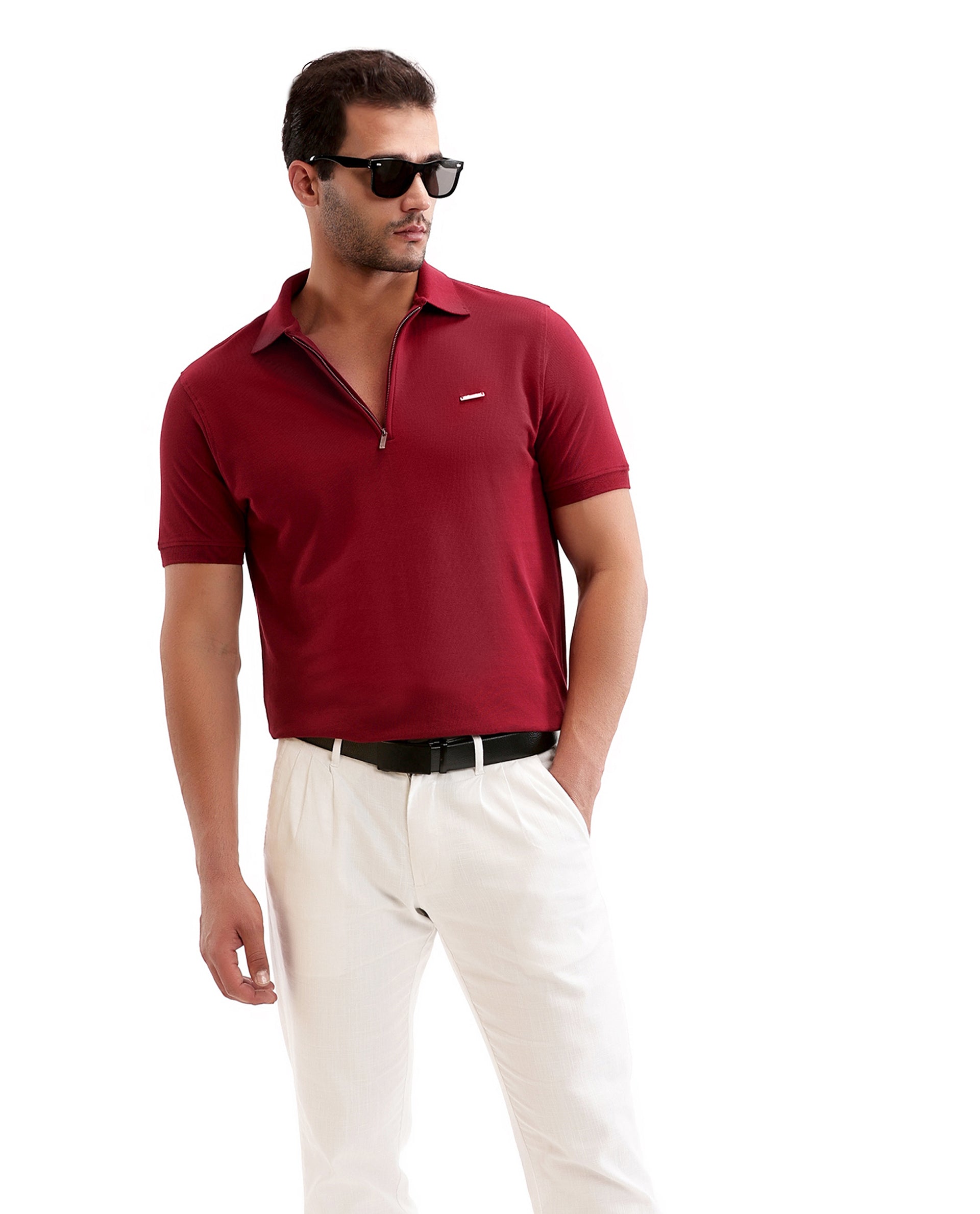 Bordeaux Maroon Pique Polo with 7C Metal Zip, Metal Badge