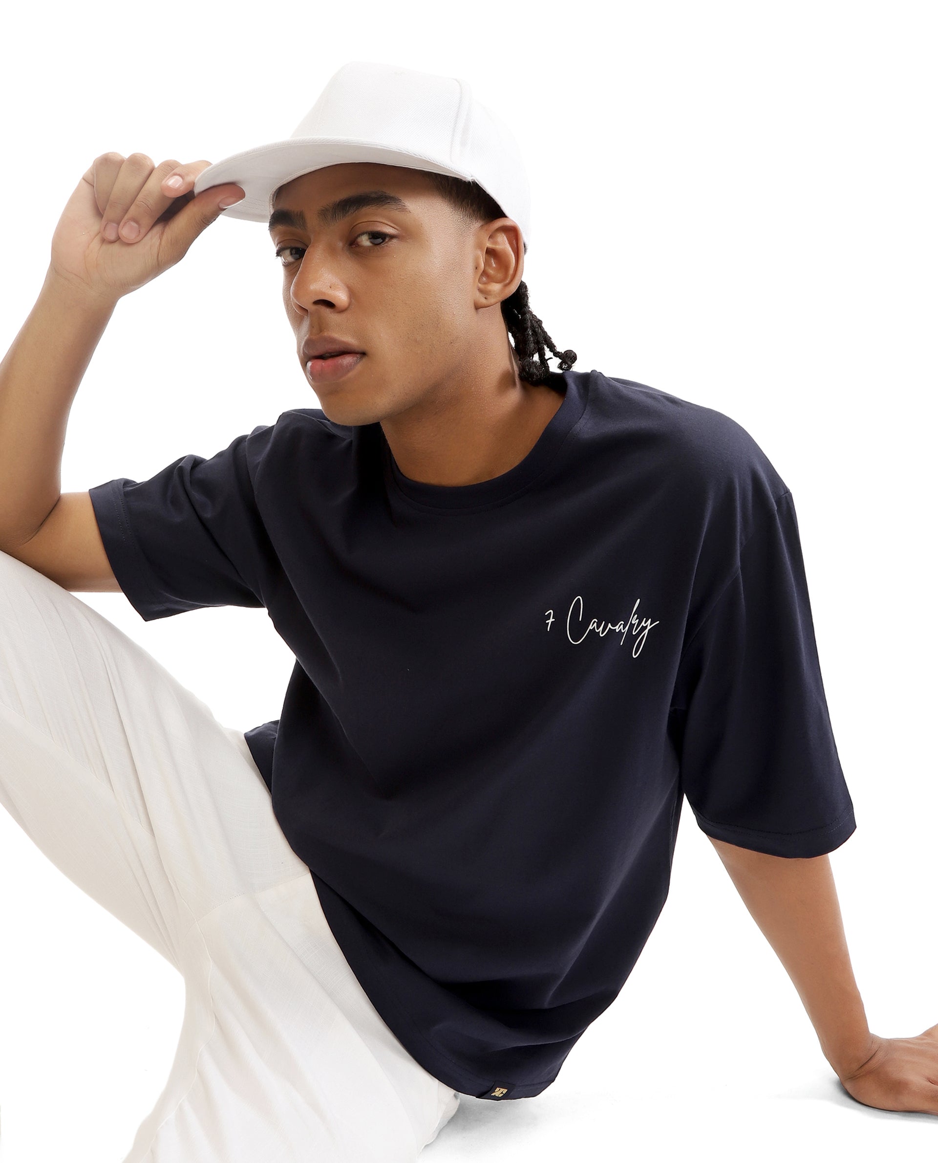 Midnight Navy Blue Single Jersey Crew Neck Oversized T-Shirt with Pure White Non-PVC Print