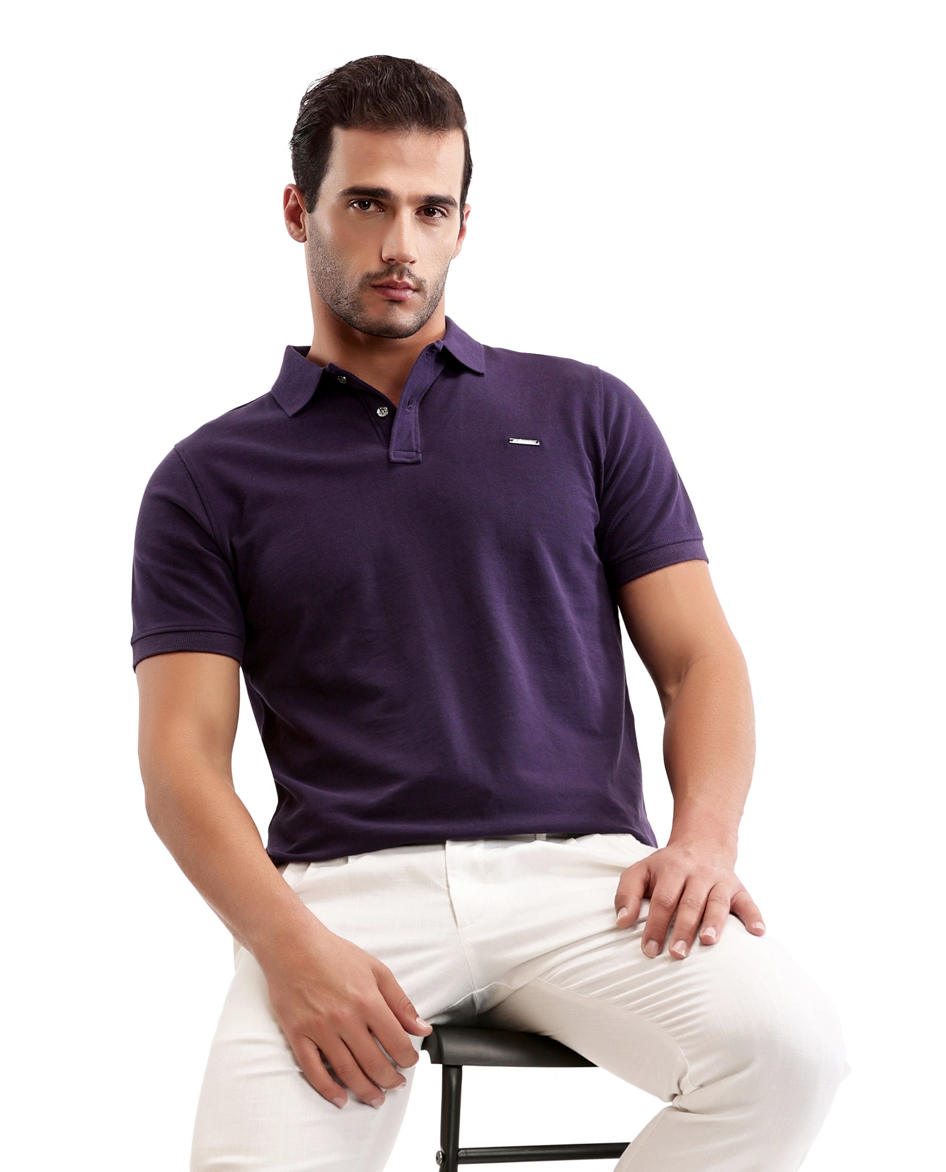 Deep Purple Pique Polo with Metal Buttons, 7C Metal Badge