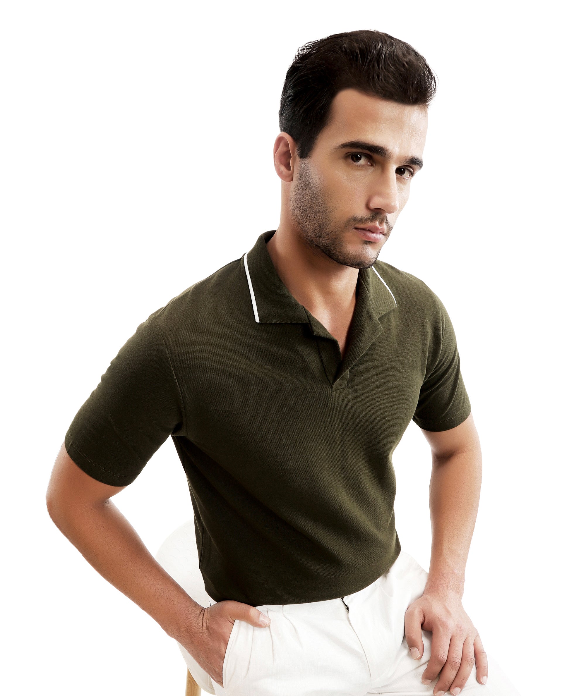 Vintage Olive Pique Polo with White Collar Piping, Tone-on-Tone 7C Embroidery
