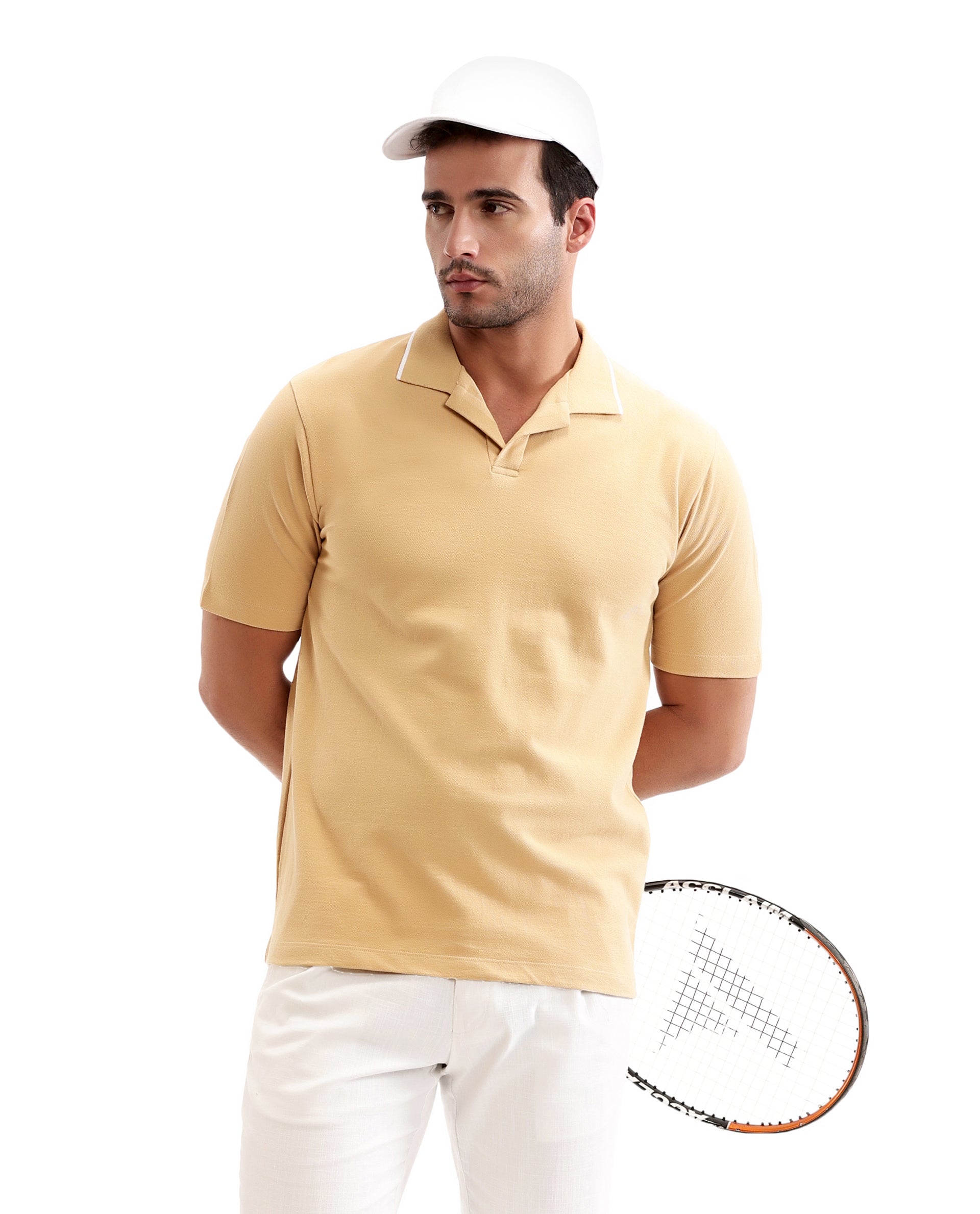 Camel Beige Johnny Collar Pique Polo with White Collar Piping