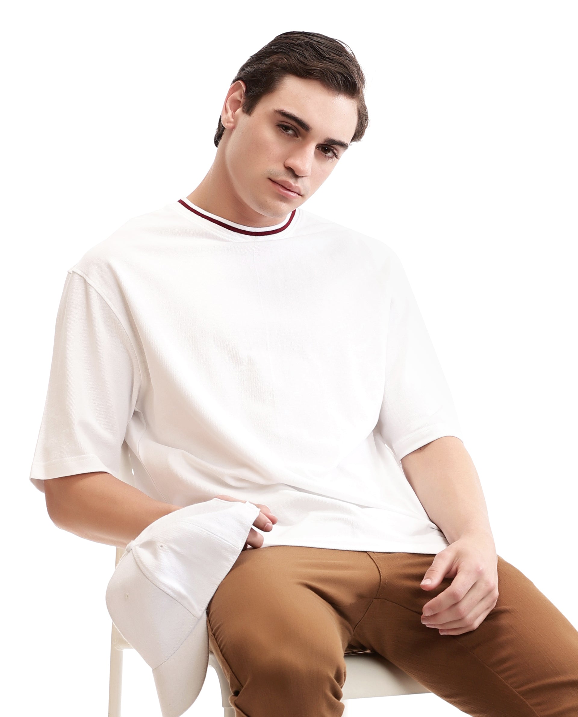 Pure White Pique Crew Neck Oversized T-Shirt with Bordeaux Maroon Piping