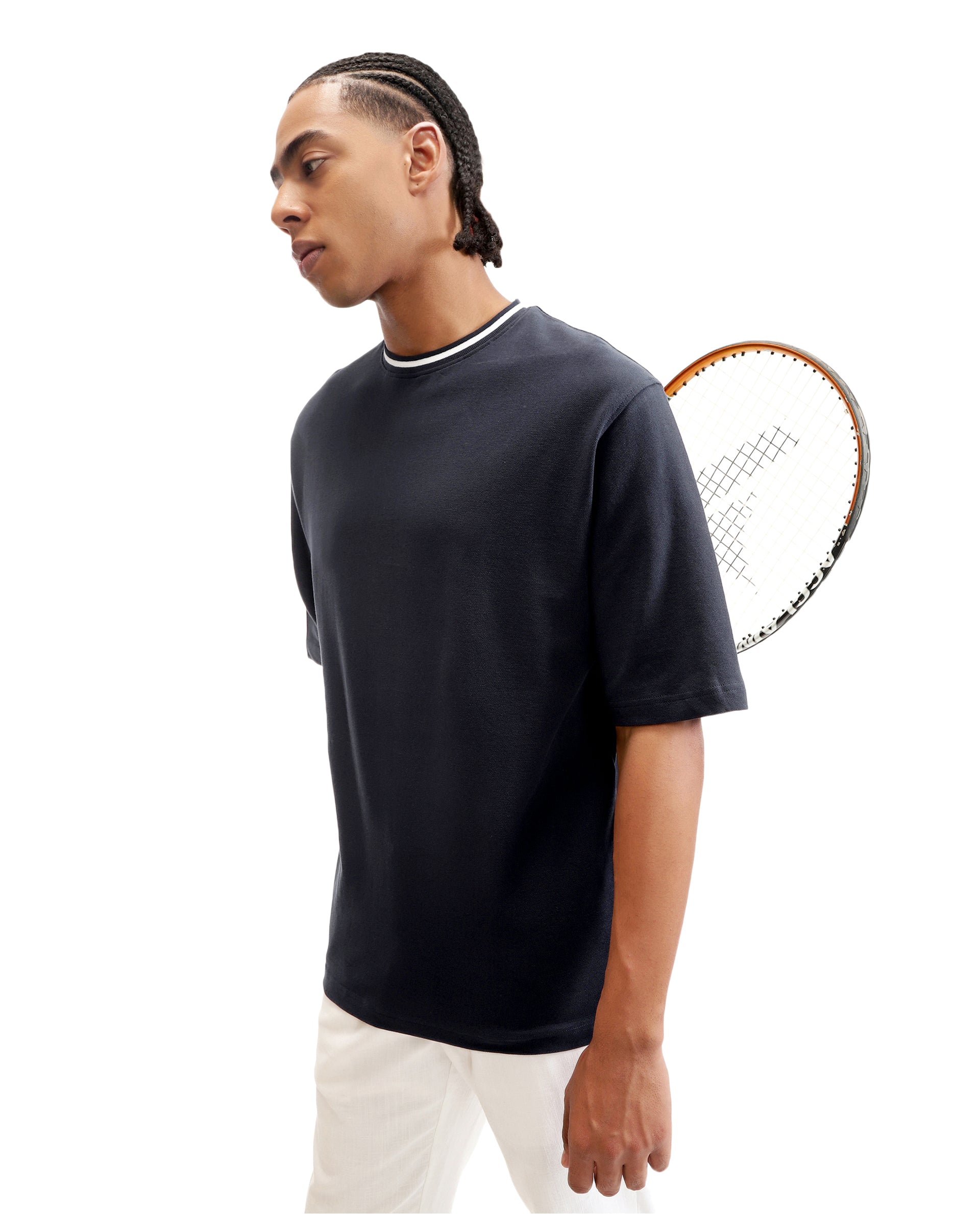 Midnight Navy Blue Pique Crew Neck Oversized T-Shirt with Pure White Piping