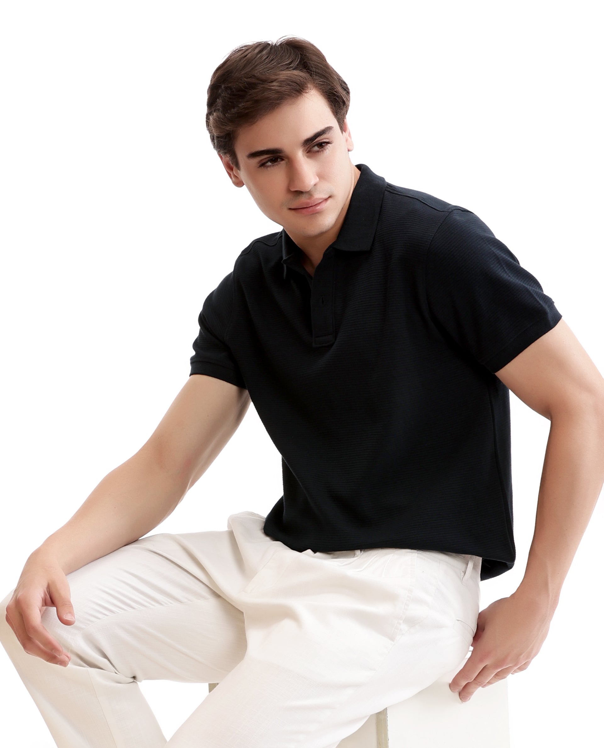 Midnight Navy Blue Knitted Ottoman Polo with Ribbed Collar